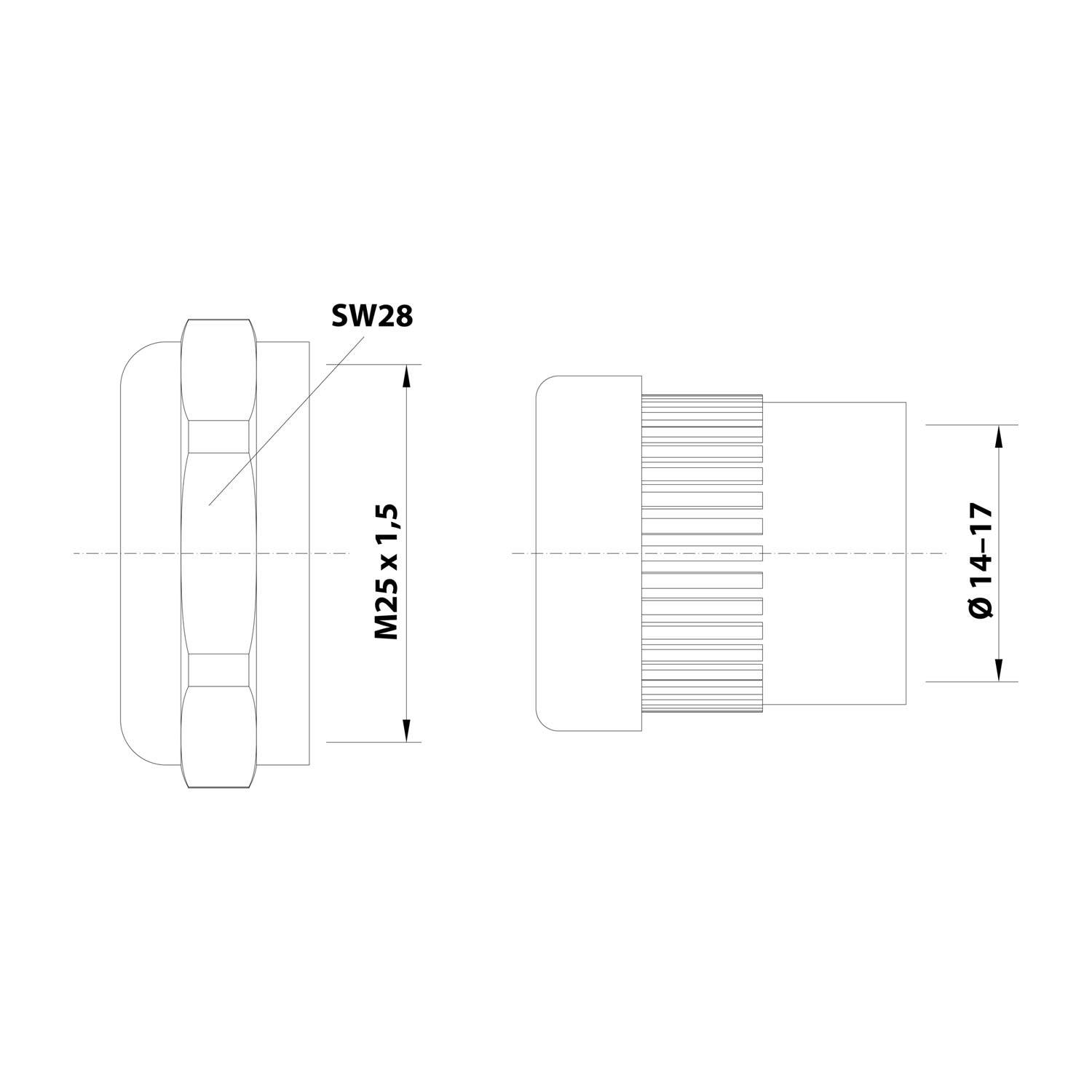 Technische Zeichnung eines Steckers/Adapters mit Seiten- und Endansichten mit den Abmessungen SW28, M25 x 1,5 und Ø14-17.
