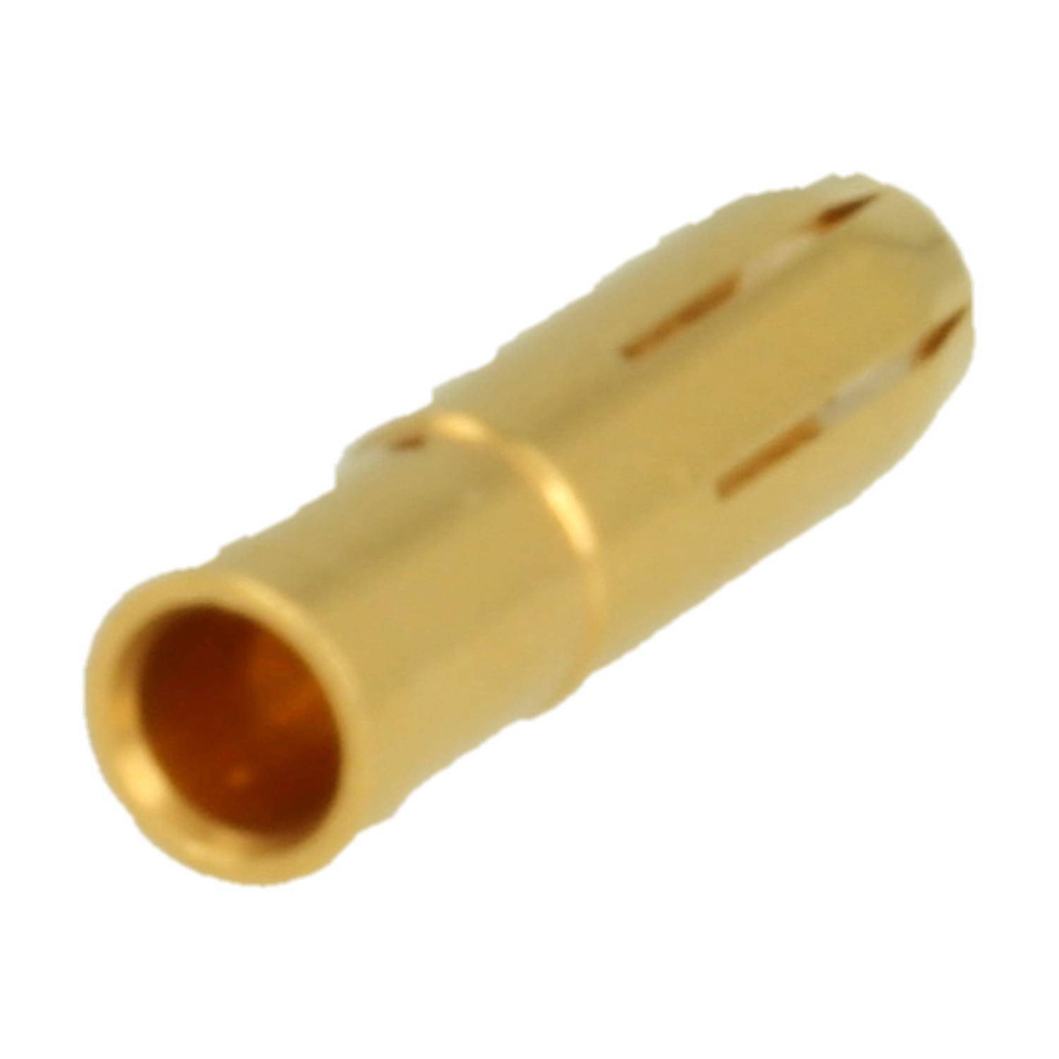 Goldfarbiger Metallstiftkonnektorstift mit zylindrischer Form und hohlem offenem Ende, dargestellt auf weißem Hintergrund.