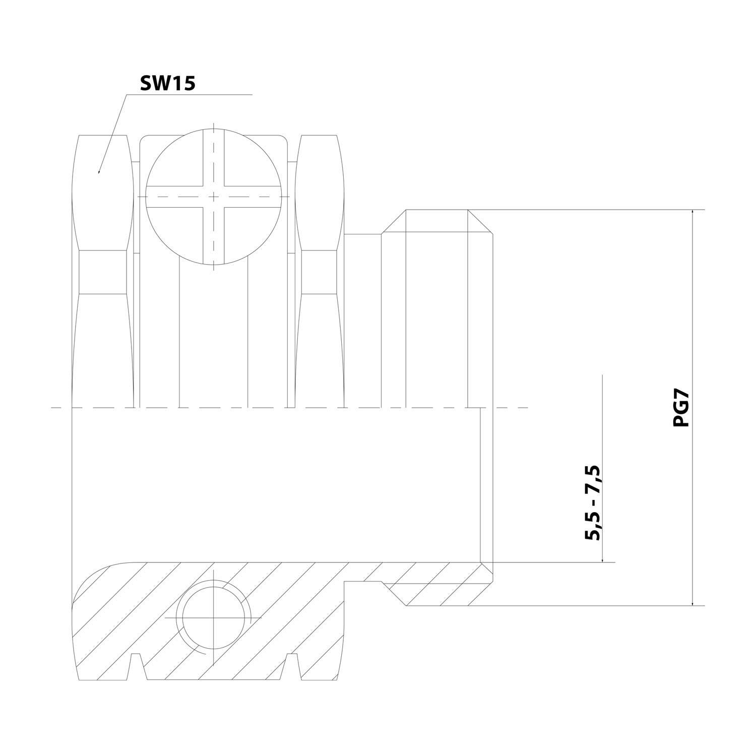 Technische Schnittzeichnung eines zylindrischen Maschinenteils mit der Bezeichnung 'SW15' und 'PG7', die wichtige Abmessungen 5.5-7.5 und Details des Innengewindes/der Innennut zeigt.