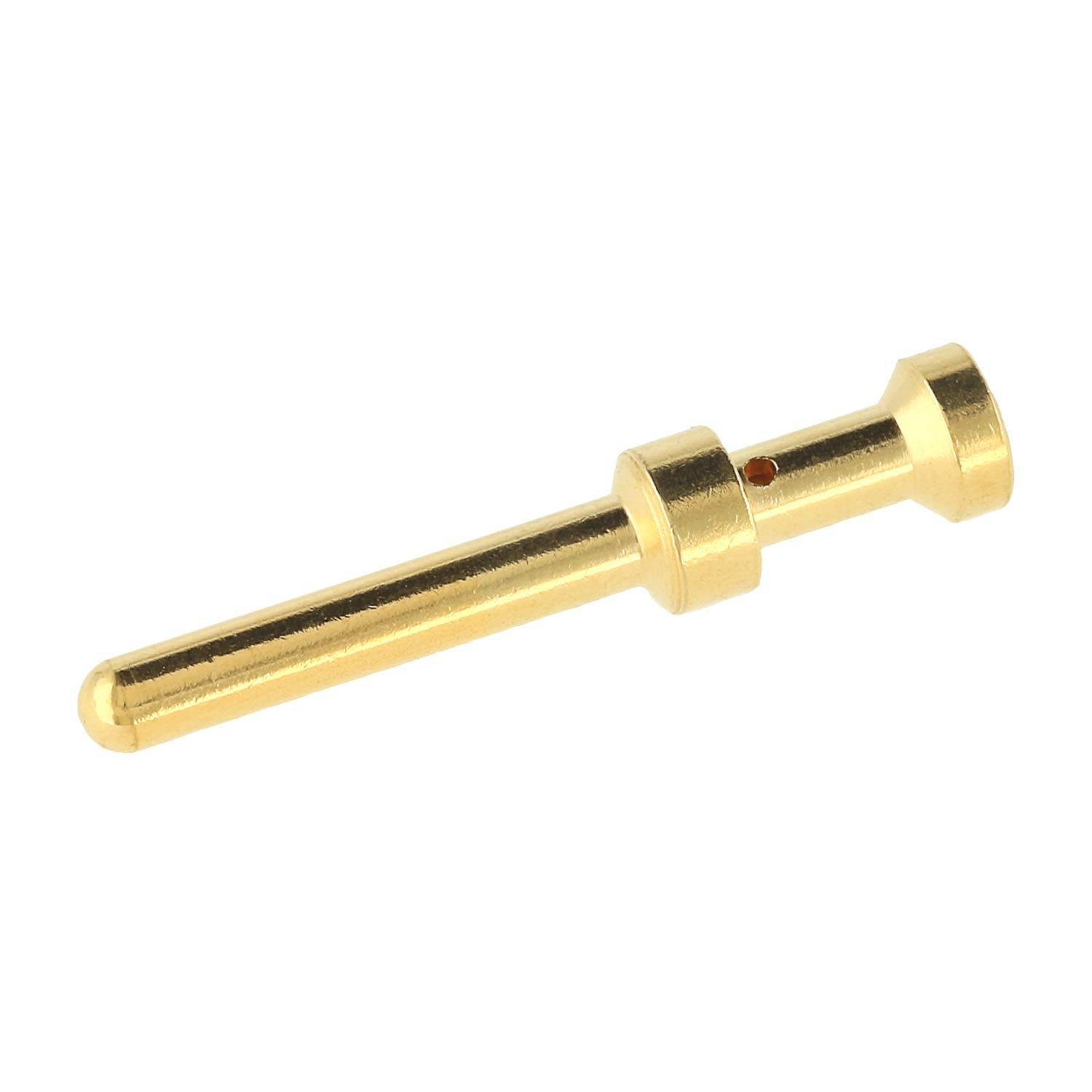 Vergoldeter Metallstift-Stecker mit langem zylindrischen Schaft, zwei erhabenen Ringen und ausgeflanstem Ende auf weißem Hintergrund.