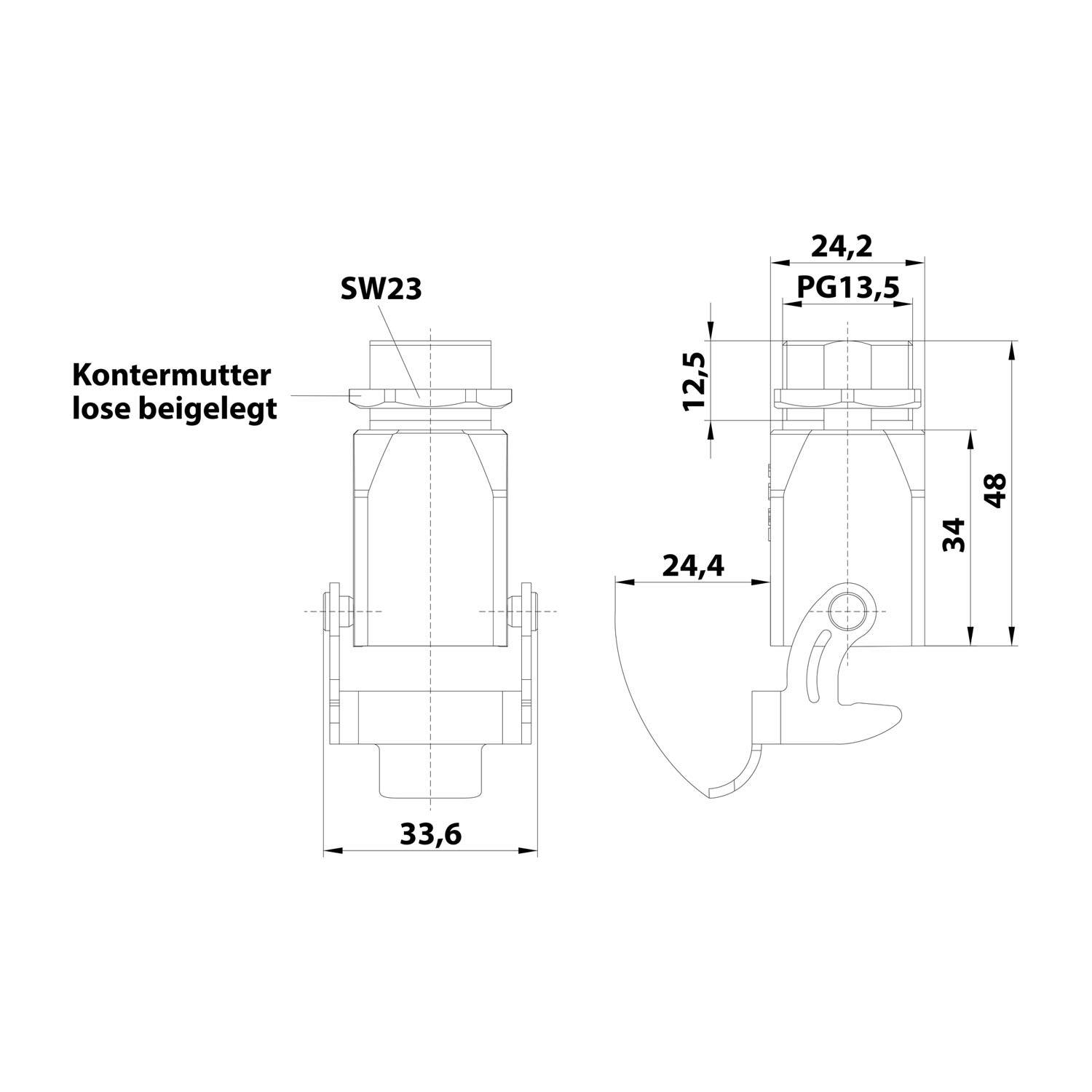 HARTING Han 3A Einschraubgehäuse kurz, 1xPG13,5 gerader Kabelabgang, mit 1 Bügel 1 Sicherheitsbügel Metall - 1 Stück