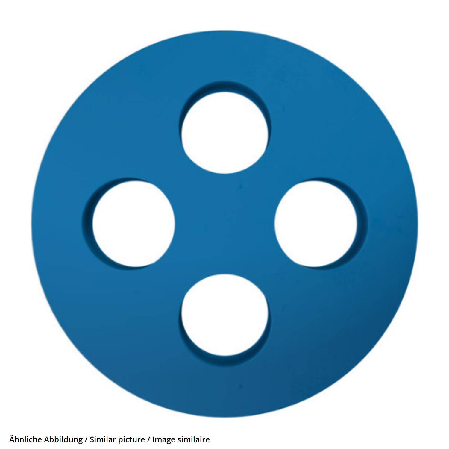Blaues Filmspulen-Symbol mit vier kreisförmigen Löchern, zentriert auf weißem Hintergrund.