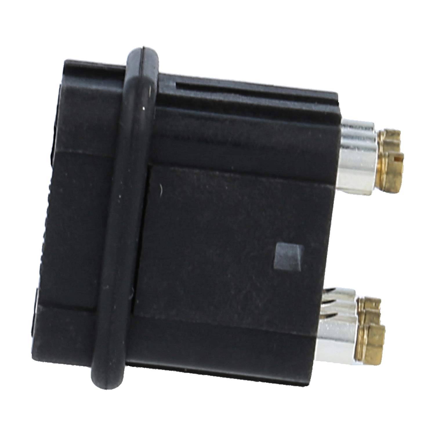 Schwarzer rechteckiger elektrischer Stecker mit zwei vergoldeten Anschlüssen auf weißem Hintergrund.