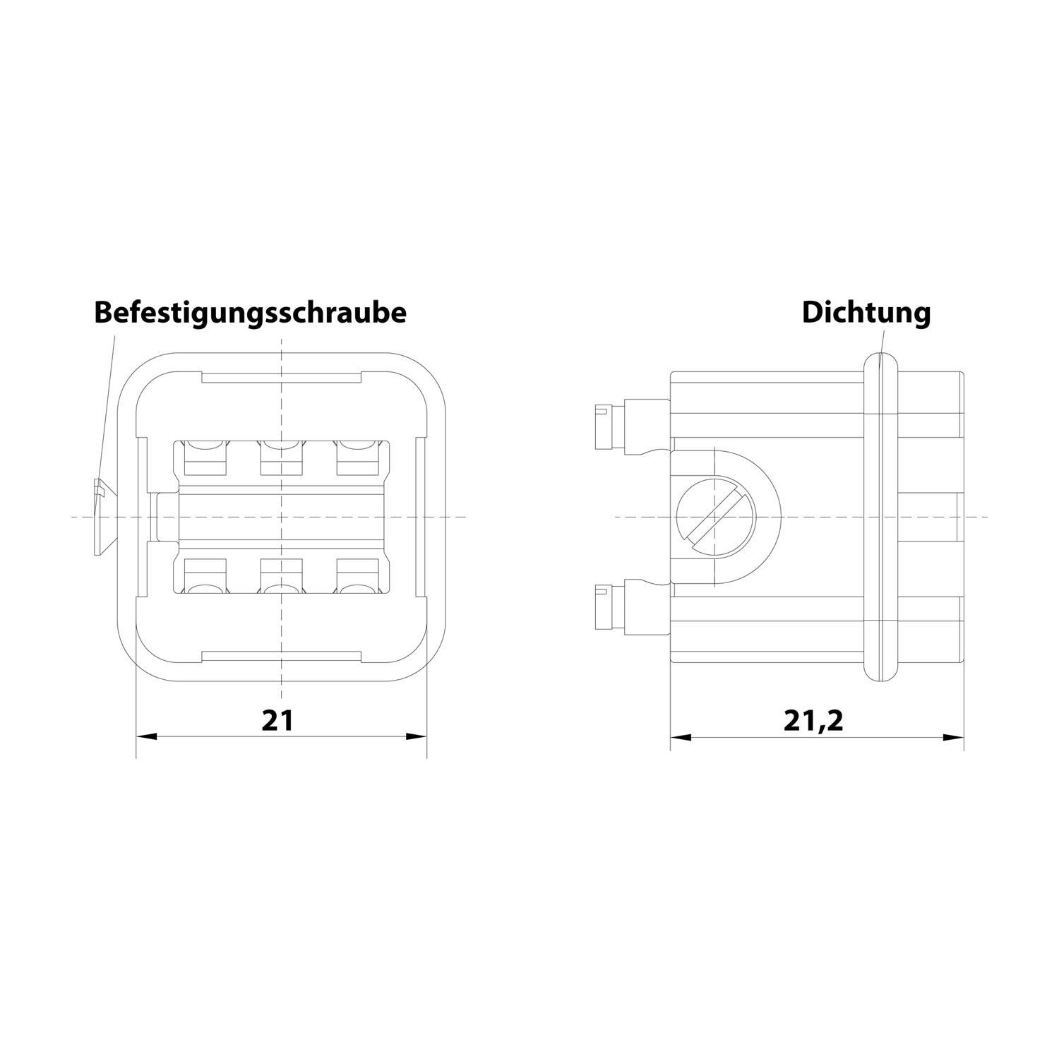 Technische Strichzeichnung mit zwei Ansichten einer Komponente: Vorderansicht mit der Bezeichnung 'Befestigungsschraube' und einer Breite von 21, sowie Seitenansicht mit der Bezeichnung 'Dichtung' und einer Breite von 21,2.
