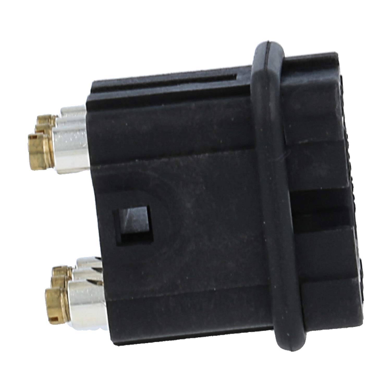 Schwarzer Kunststoff-Elektrostecker mit zwei Metallkontakten, in der Seitenansicht auf weißem Hintergrund dargestellt.