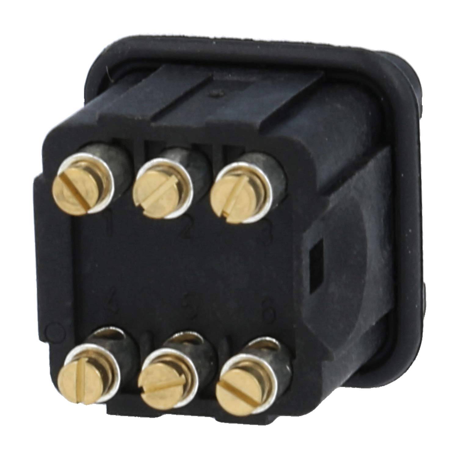 Schwarzer elektrischer Stecker mit sechs Messingschraubklemmen auf einem rechteckigen Kunststoffgehäuse, Vorderansicht.