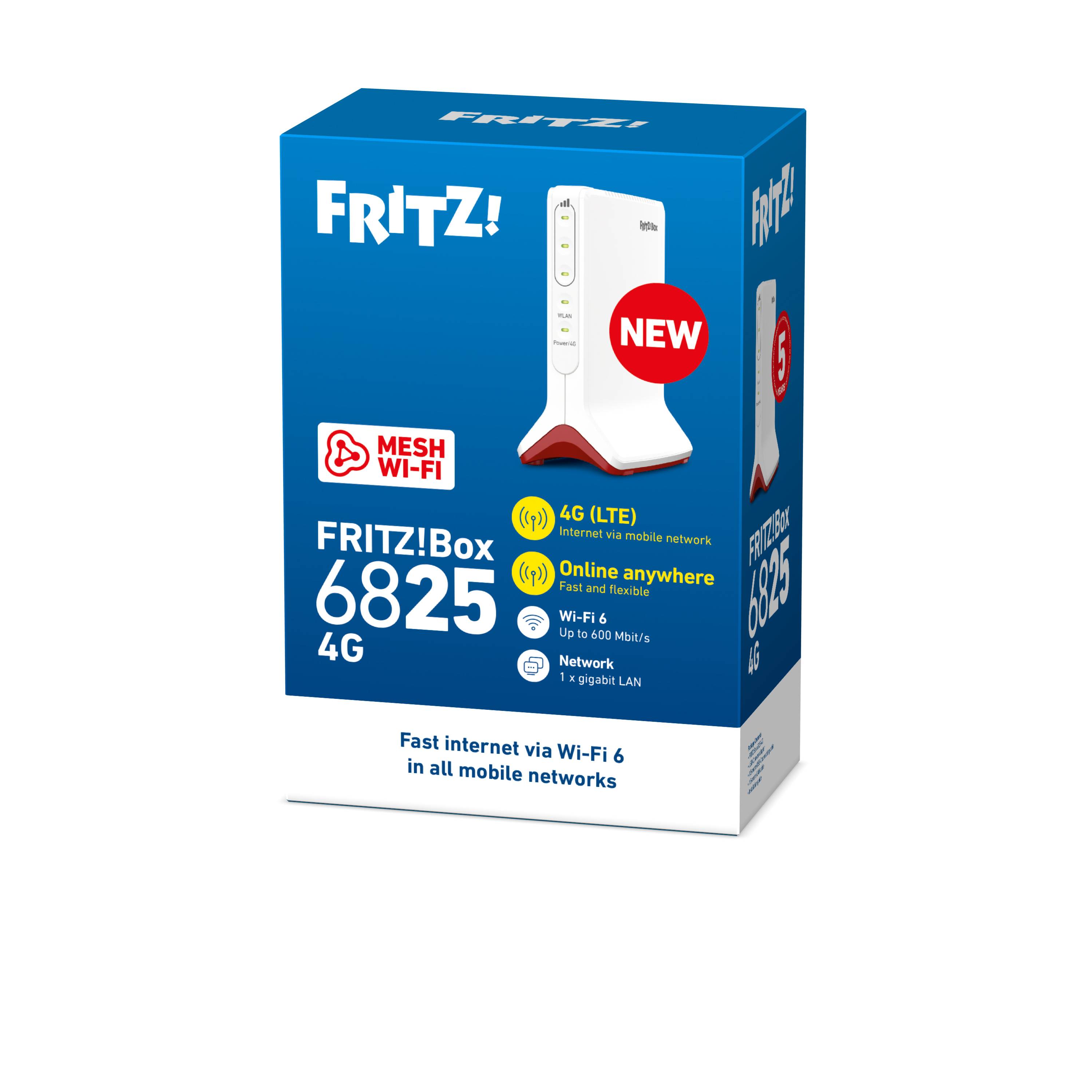 Box 6825 4G International, Wi-Fi 6 (802.11ax), Einzelband (2,4GHz), Ethernet/LAN, 4G, Weiß, Tabletop-Router