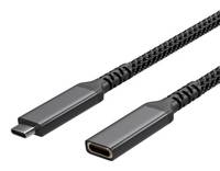 Zwei USB-C-Kabel mit geflochtenen Außenmänteln, die sowohl männliche als auch weibliche Anschlüsse zeigen, entwickelt für schnelles Laden und Datenübertragung.