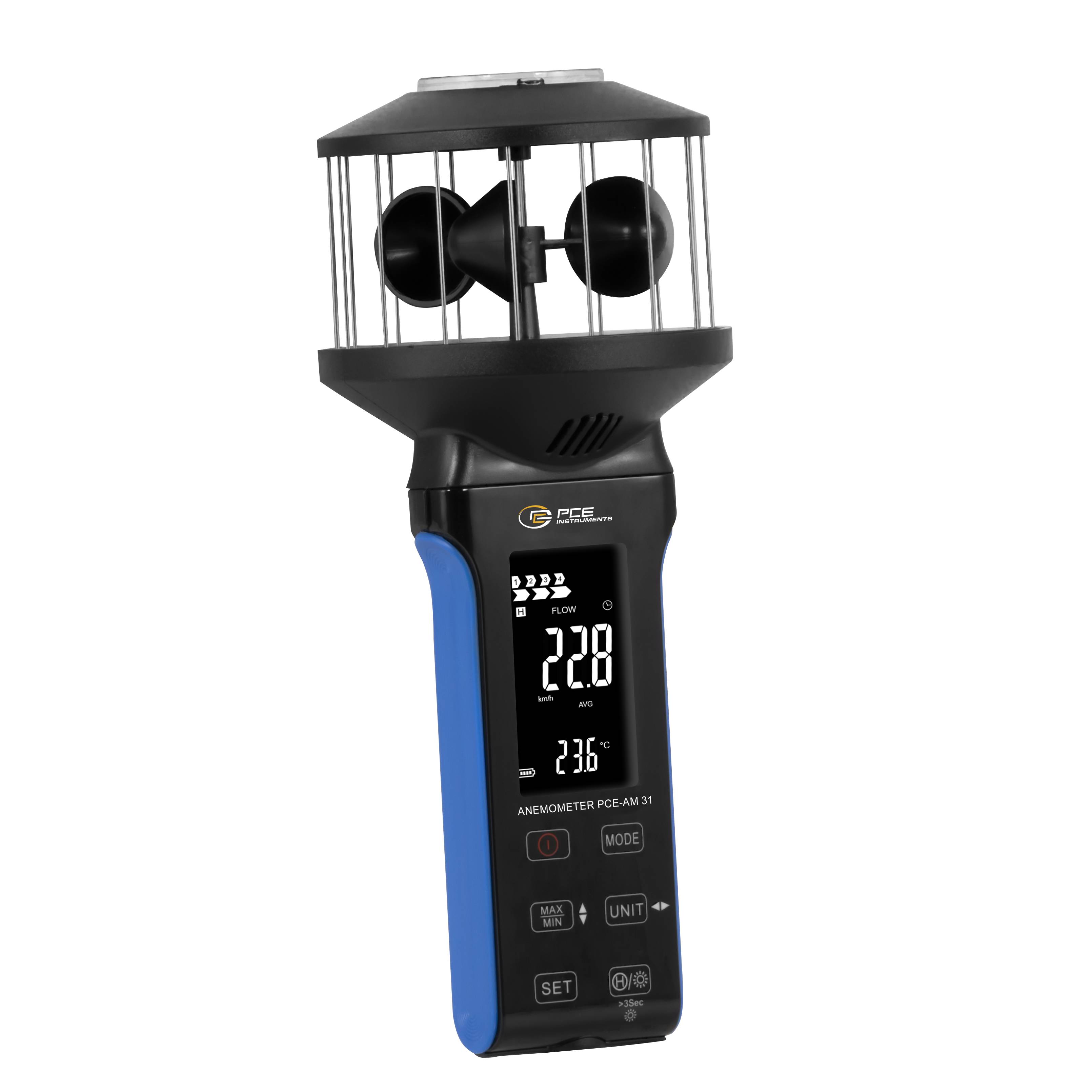 PCE Instruments Anemometer PCE-AM 31 |0,3 ... 40 m/s |Auflösung 0,1 m/s |Temperatur |Luftvolumen |Windgeschwindigkeit