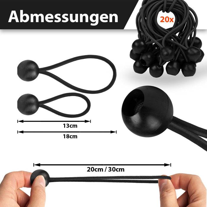 FLOORDIREKT Spanngummis - Multifunktionale Planenspanner mit Kugel - 20er Set - 13 cm - Schwarz