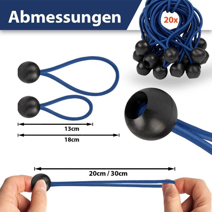 FLOORDIREKT Spanngummis - Multifunktionale Planenspanner mit Kugel - 20er Set - 18 cm - Blau