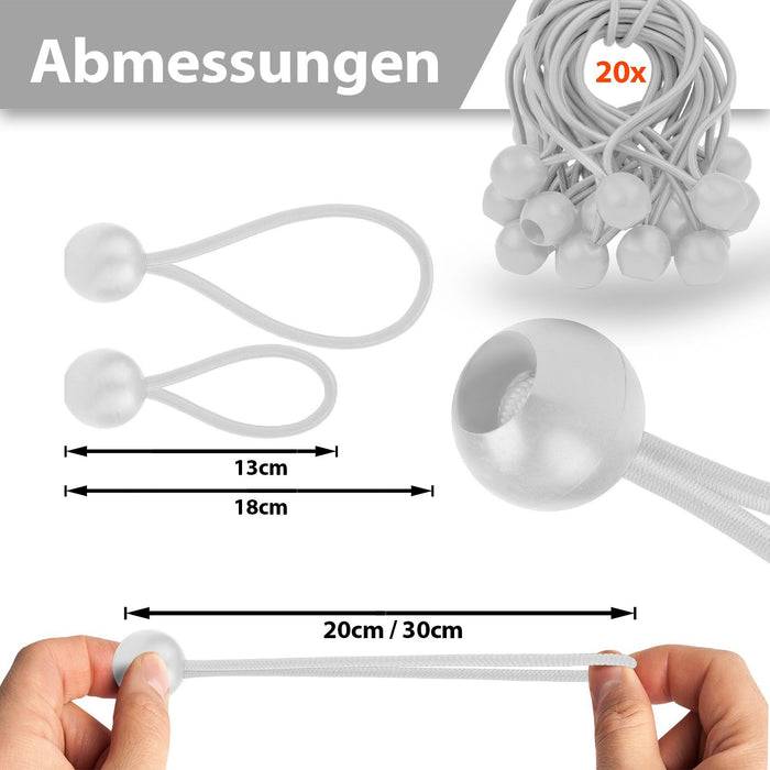 FLOORDIREKT Spanngummis - Multifunktionale Planenspanner mit Kugel - 20er Set - 18 cm - Weiß