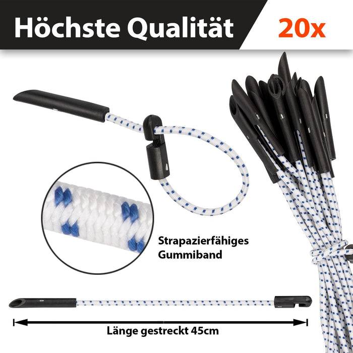 FLOORDIREKT Spanngummis - Multifunktionale Planenspanner mit Haken - 20er Set - 30 cm - Weiß