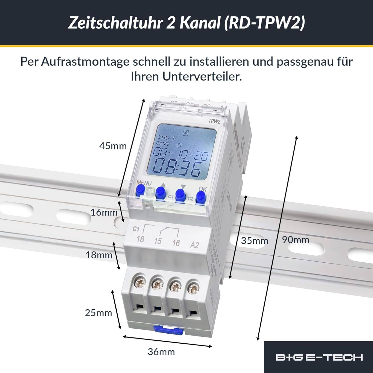 B+G E-Tech RD-TPW2 - Zeitschaltuhr 2 Kanal Hutschiene digital AC/DC 24-264 Volt