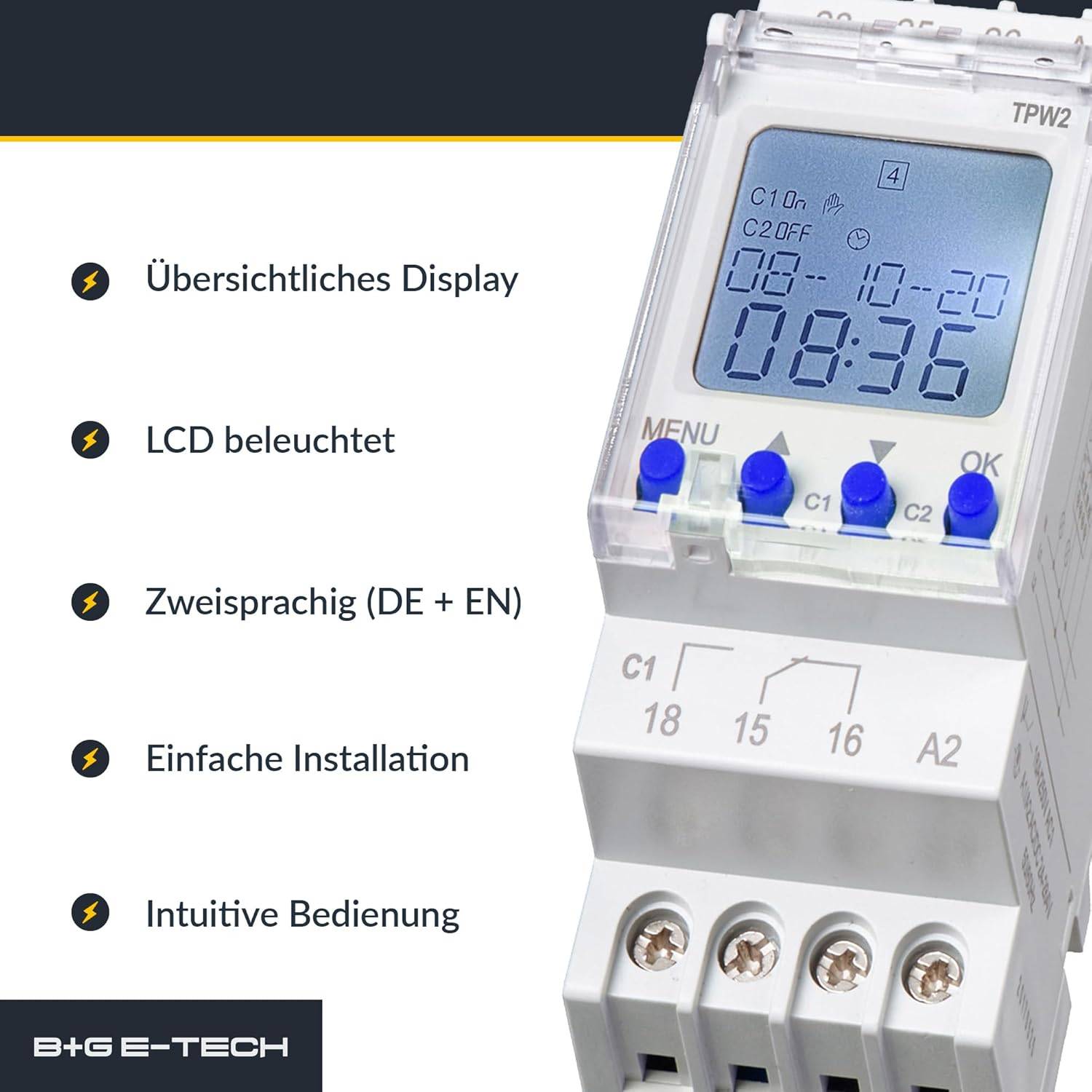 B+G E-Tech RD-TPW2 - Zeitschaltuhr 2 Kanal Hutschiene digital AC/DC 24-264 Volt