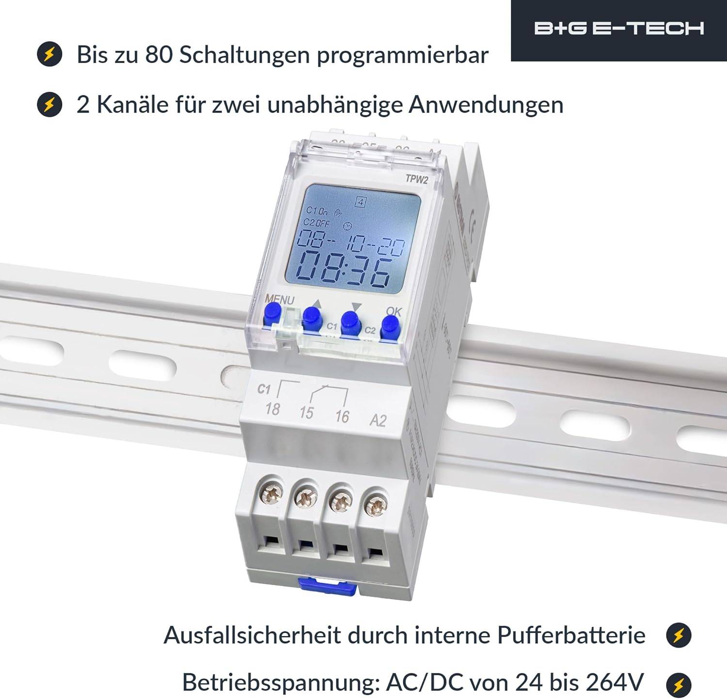 B+G E-Tech RD-TPW2 - Zeitschaltuhr 2 Kanal Hutschiene digital AC/DC 24-264 Volt