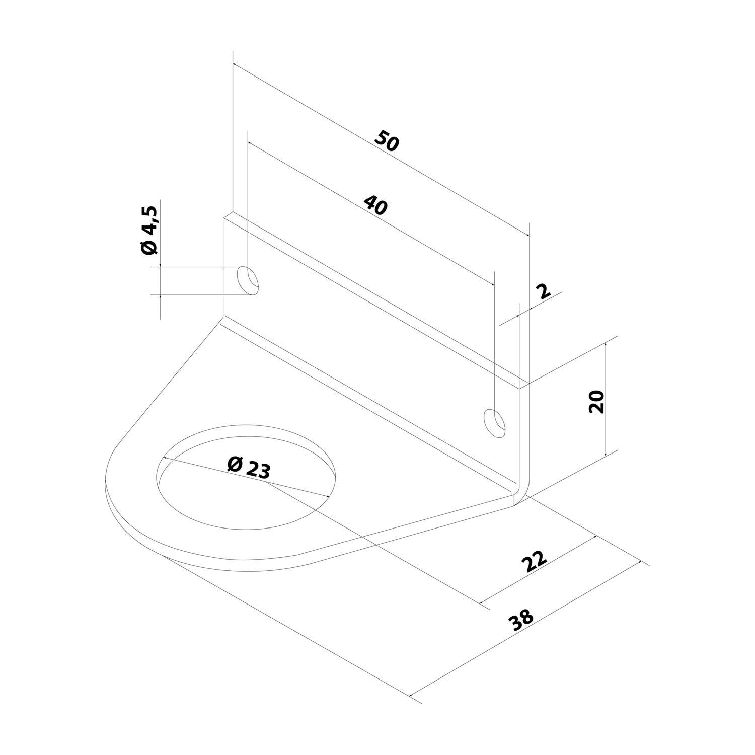Technische Zeichnung einer L-förmigen Metallhalterung mit Abmessungen: 50 mm breit, 38 mm tief, 20 mm hoch, 2 mm stark, mit einem 23 mm Loch und einem 4,5 mm Seitenloch.