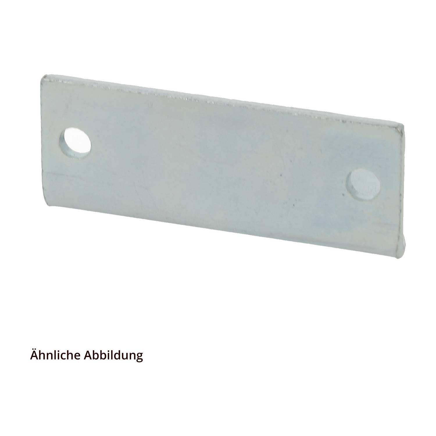 Kleine weiße rechteckige Metallplatte mit zwei Schraubenlöchern, gezeigt auf einfachem Hintergrund.