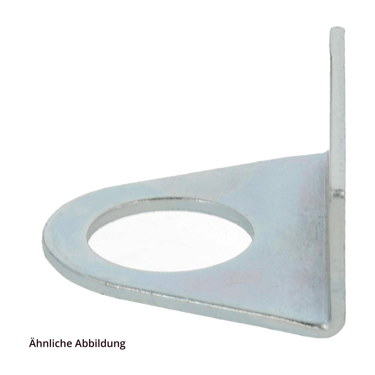 Metallwinklel-Montagebügel mit großem kreisförmigem Loch und vertikalem aufrechtem Flansch auf weißem Hintergrund; Text „Ähnliche Abbildung