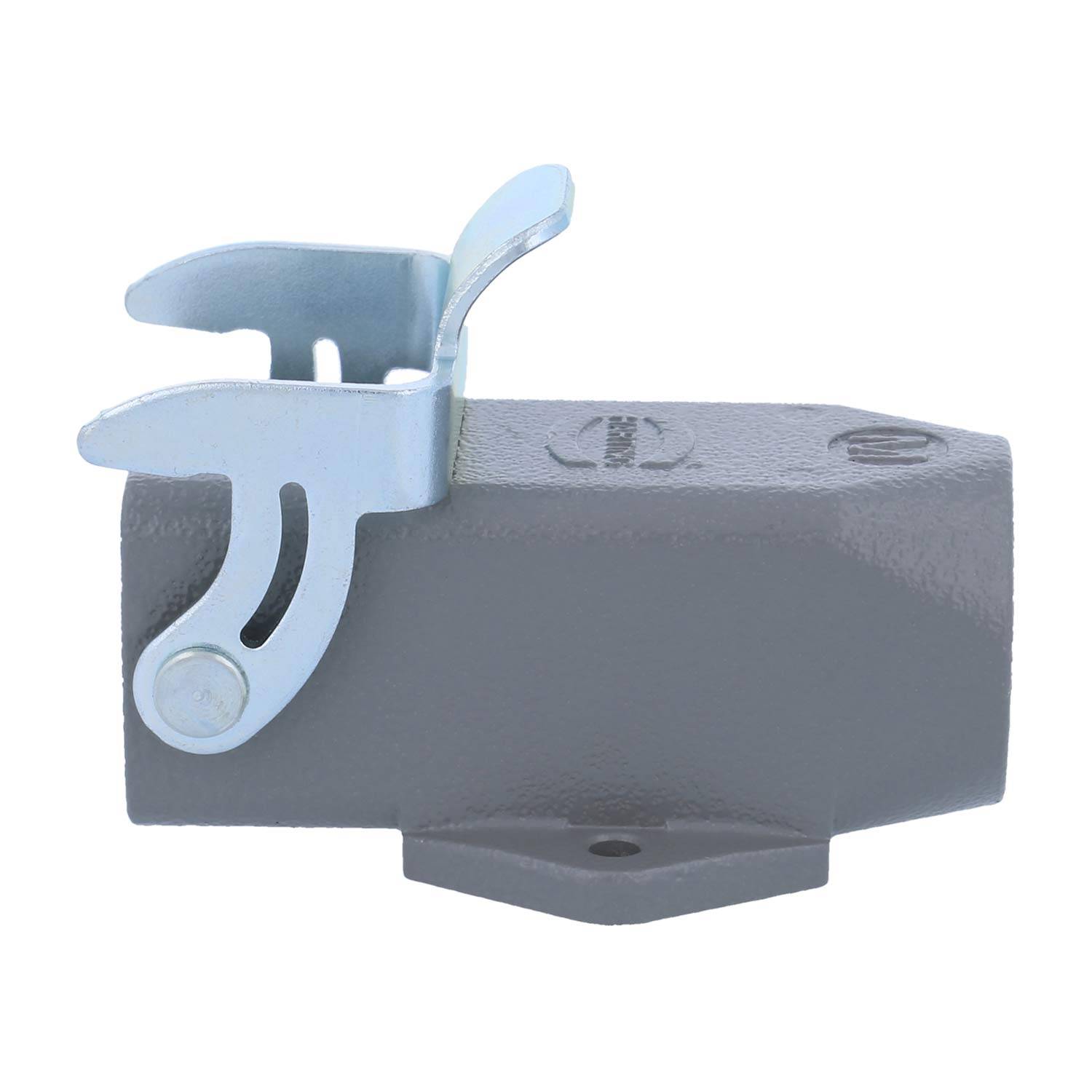 Nahaufnahme eines grauen Metallverschlussmechanismus mit einem blauen Hebel und Haken, gezeigt auf weißem Hintergrund.
