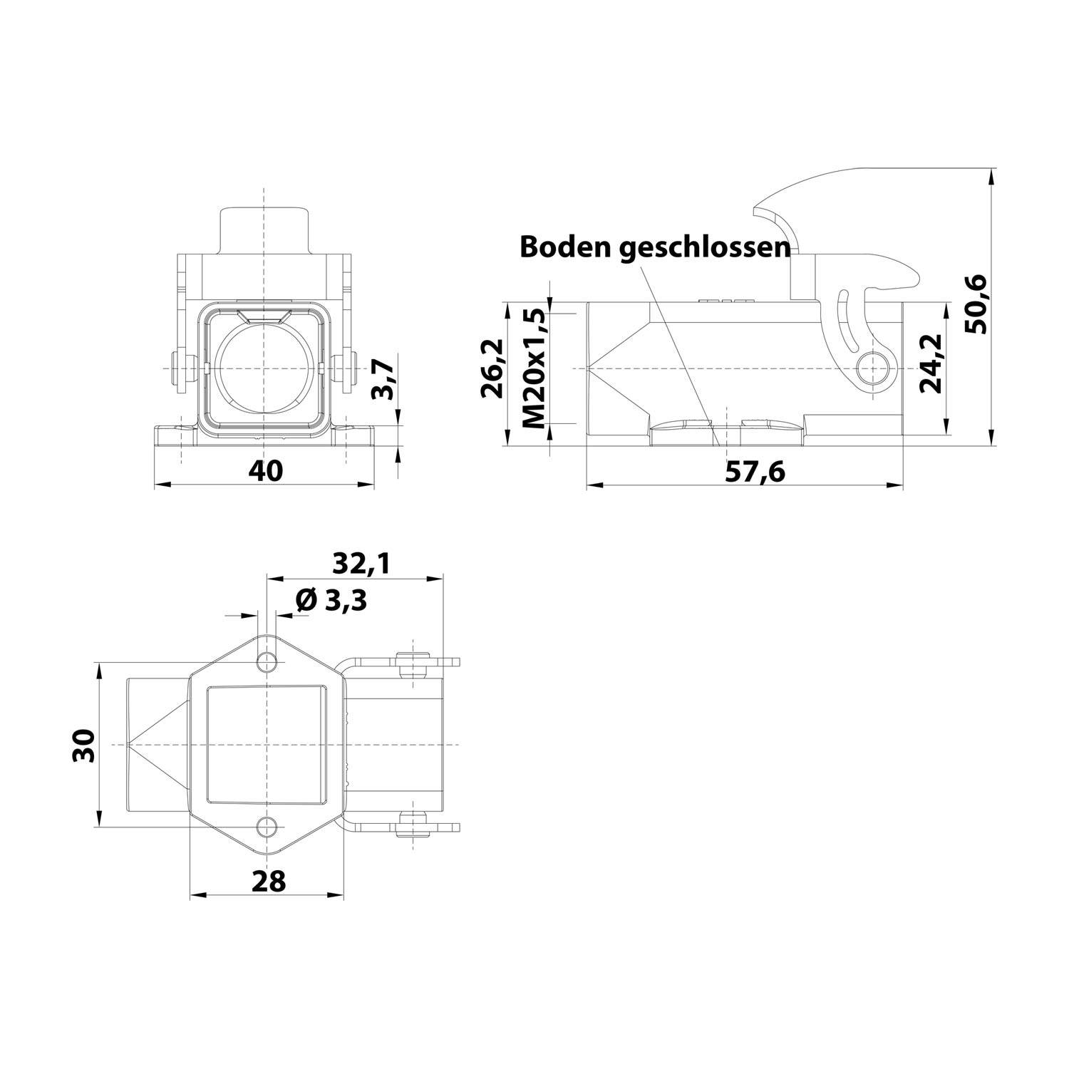 Technische Maßzeichnung eines kleinen mechanischen Bauteils mit der Bezeichnung „Boden geschlossen