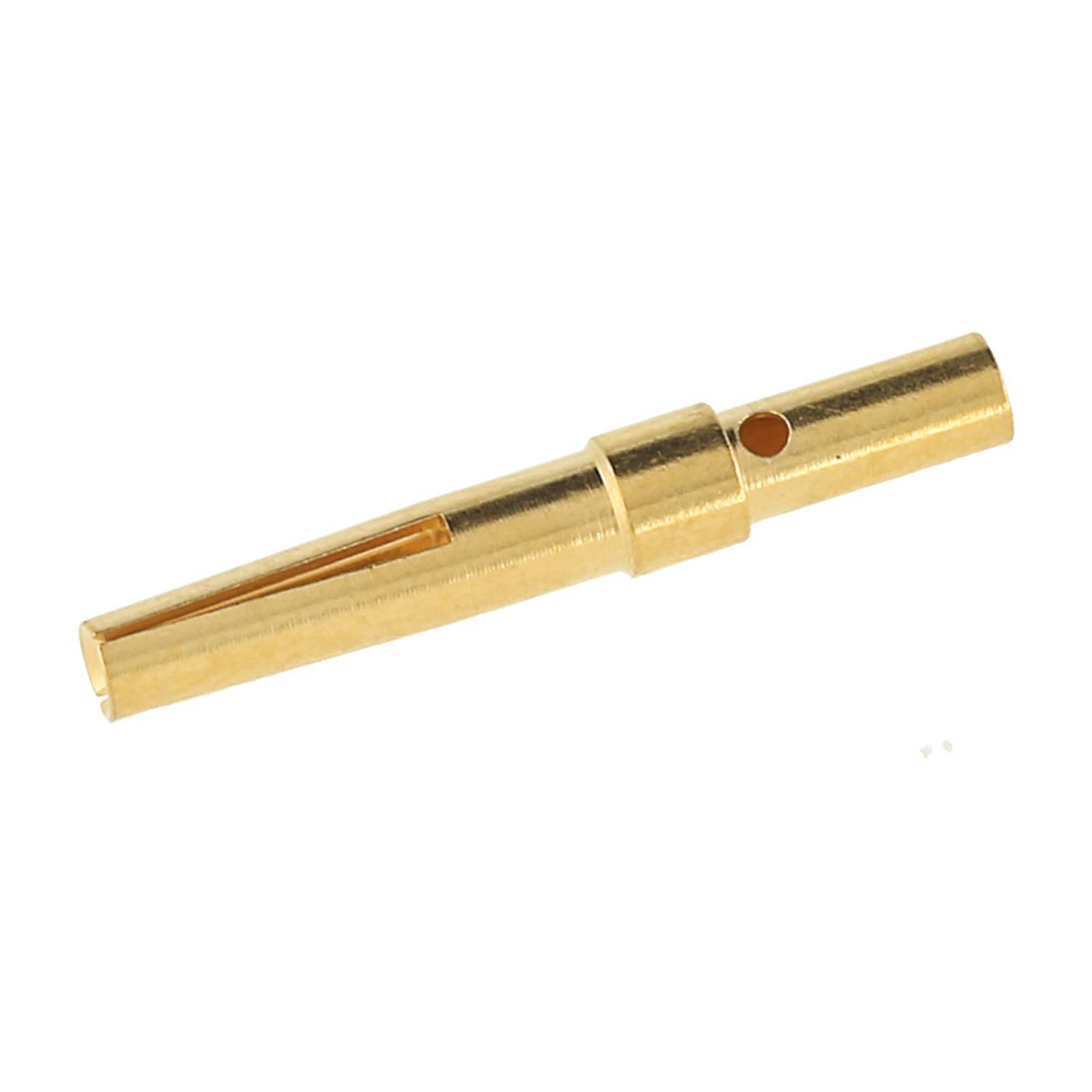Gold-farbiger zylindrischer Metallsteckerstift mit geschlitztem Ende und Seitenloch, auf weißem Hintergrund abgebildet.