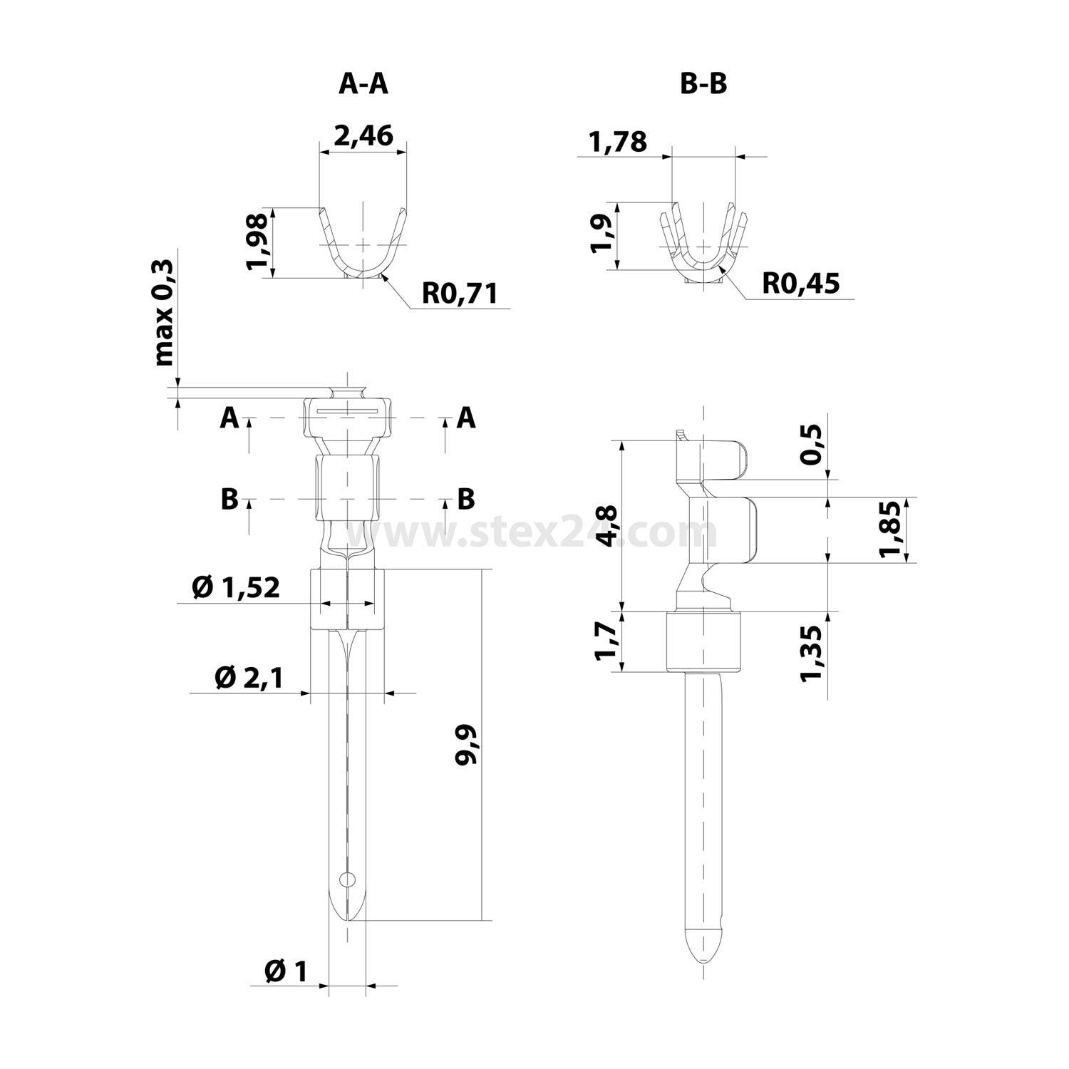 Technische Zeichnung eines kleinen Stifts oder Steckers, die Vorder- und Seitenansichten mit den Schnitten A-A und B-B sowie Abmessungen in Millimetern zeigt.