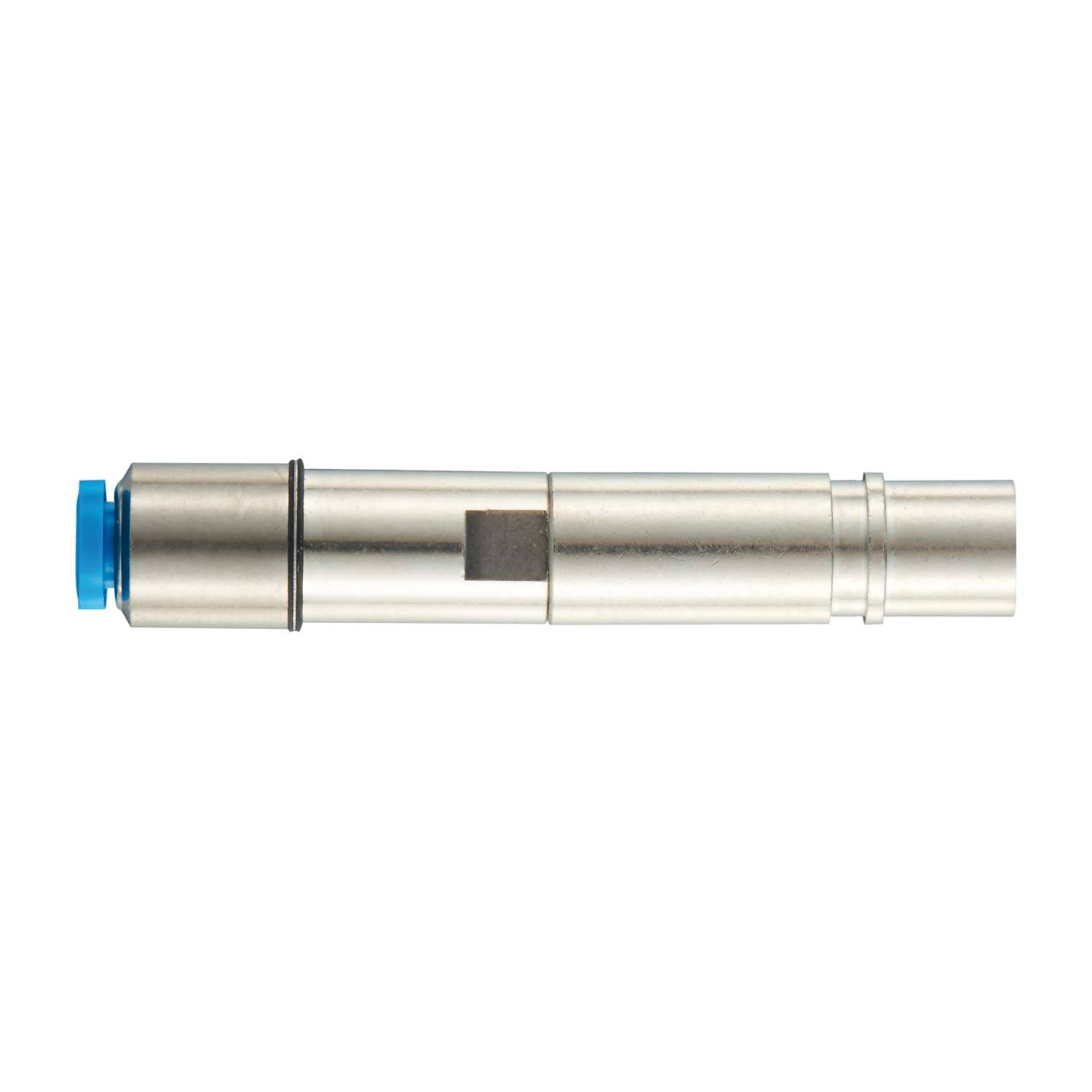 Silberne zylindrische Metallpatrone mit blauer Kappe auf der linken Seite, isoliert auf weißem Hintergrund dargestellt.
