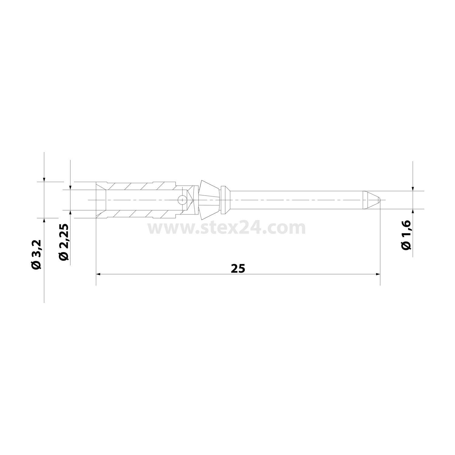 Technische Maßzeichnung einer kleinen Befestigung oder Stift, Seitenansicht mit gekennzeichneten Durchmessern Ø3,2, Ø2,25, Ø1,6 und Länge 25 mm.