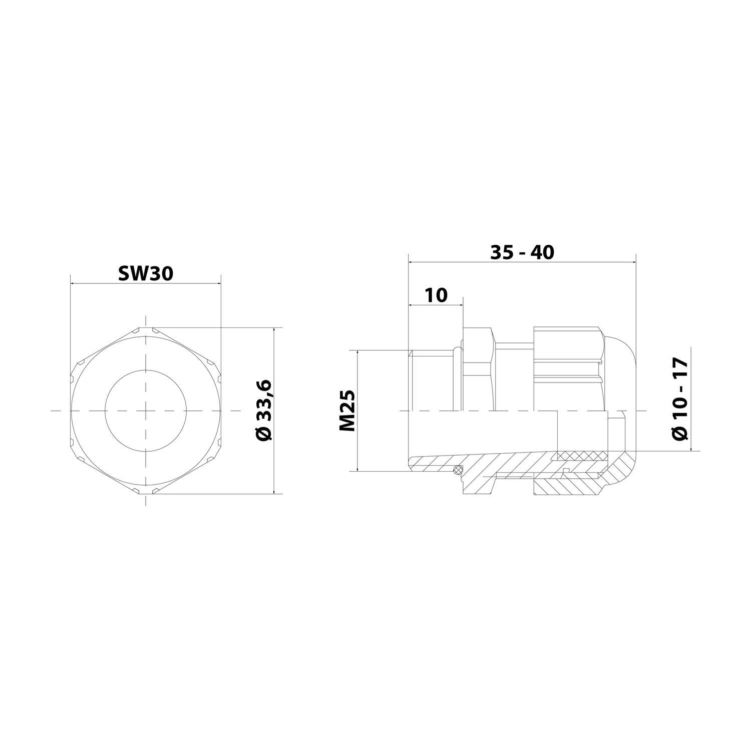 Technische Zeichnung einer Sechskantmutter-Verschraubung, die Vorder- und Seitenansicht mit den Abmessungen SW30, M25, 35-40, Ø33,6 und Ø10-17 zeigt.