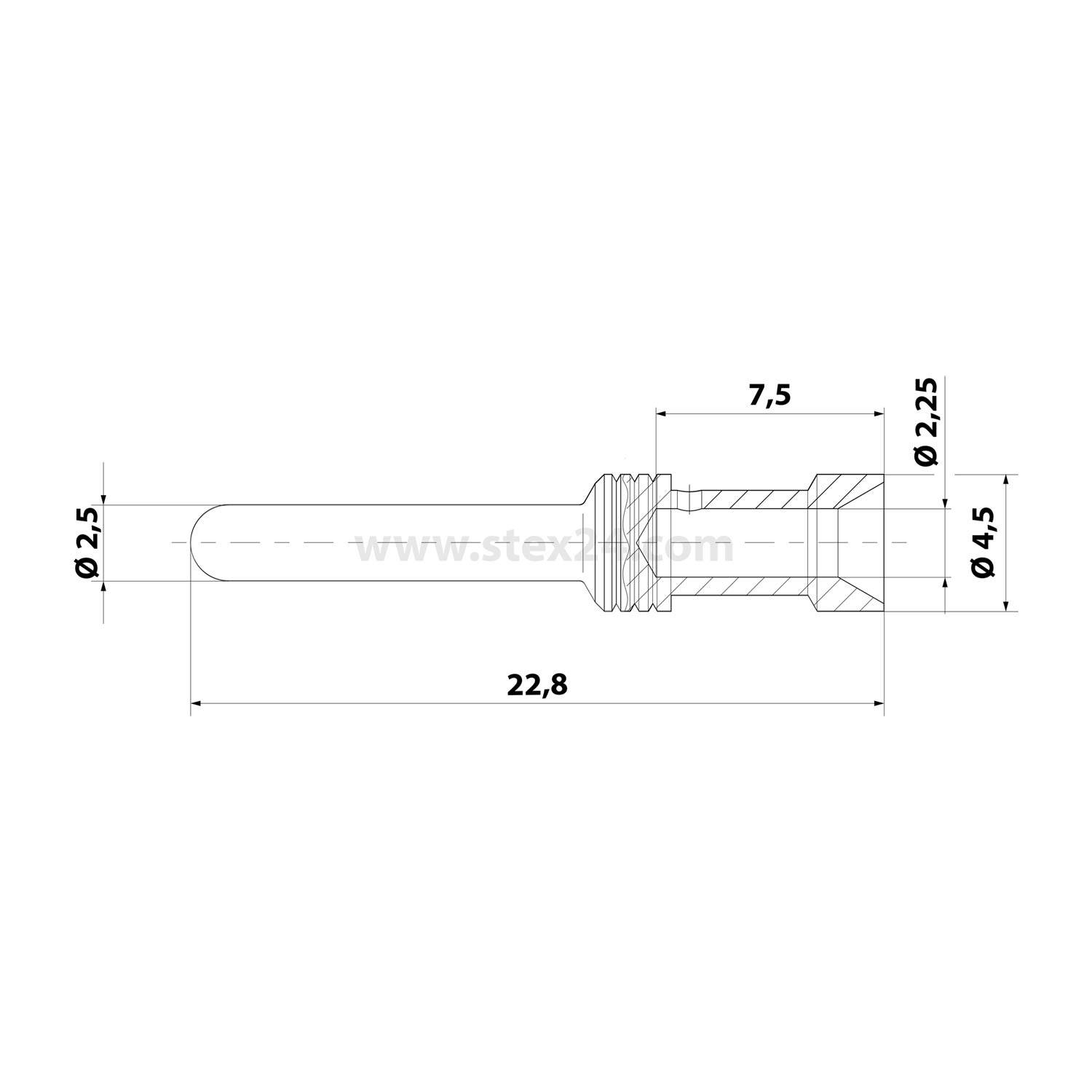 Technische Zeichnung eines kleinen zylindrischen Steckernagels, Seitenansicht mit Abmessungen: 22,8 mm Länge, 2,5 mm Wellendurchmesser, 4,5 mm Enddurchmesser und 7,5 mm Gewindeabschnitt.
