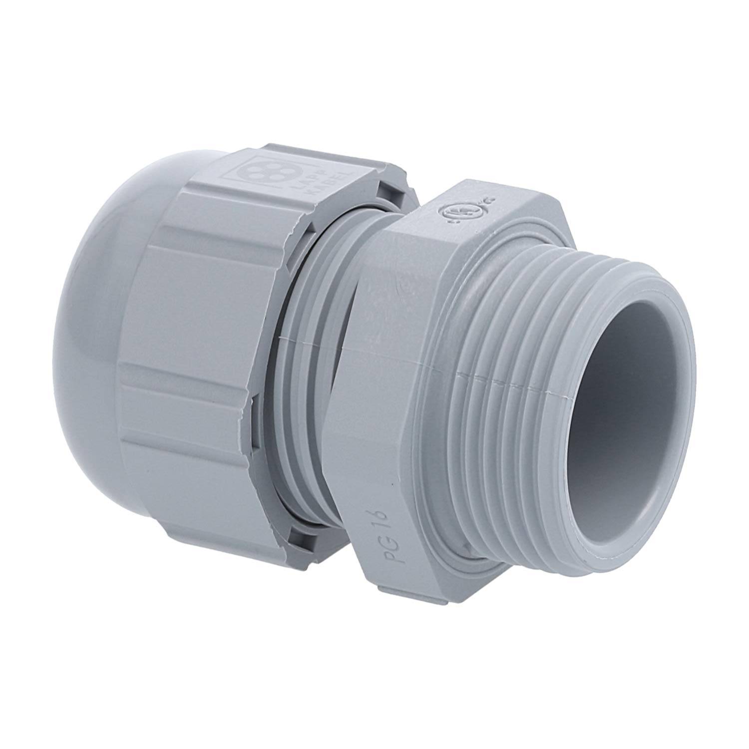Grauer PVC-Elektroinstallationsrohr-Verbinder mit gewindeförmigem männlichem Ende und Druckausgleichsmutter, dargestellt auf weißem Hintergrund.