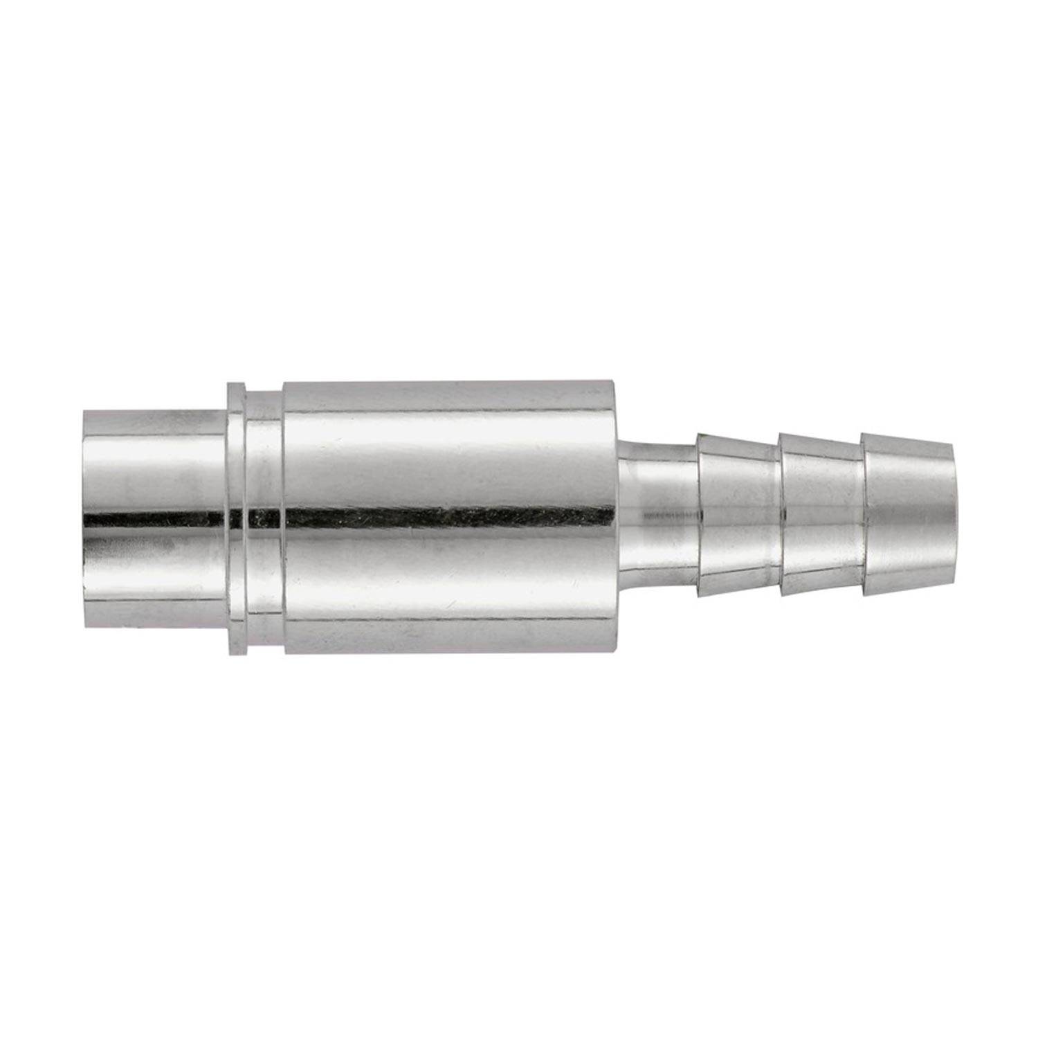 Silber-Metallschlauchbarb-Verbinder mit abgestuftem konischem Endfitting auf weißem Hintergrund.