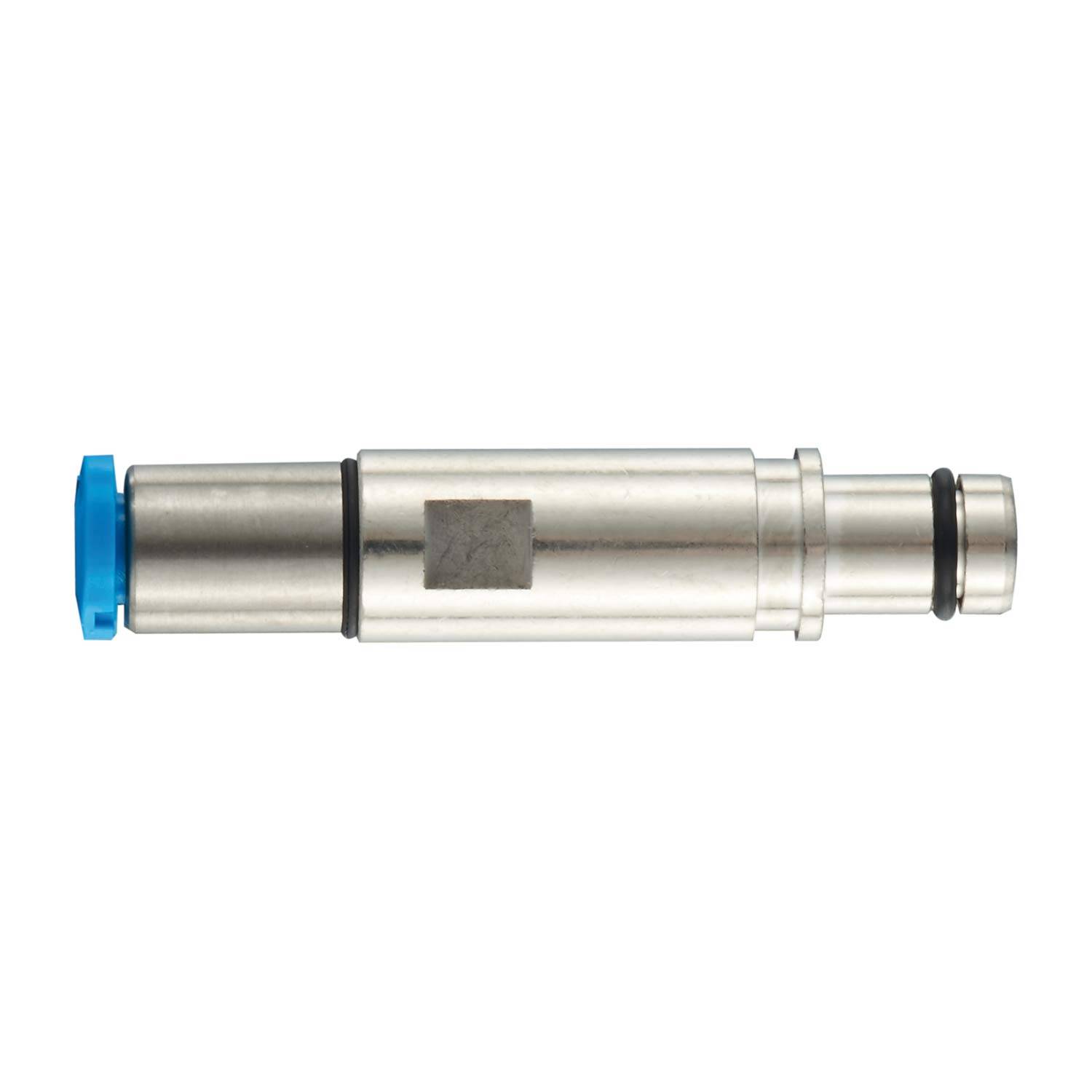 Silbererne zylindrische Metallpatrone mit blauer Kappe an einem Ende und schwarzem O-Ring am anderen Ende, auf weißem Hintergrund dargestellt.