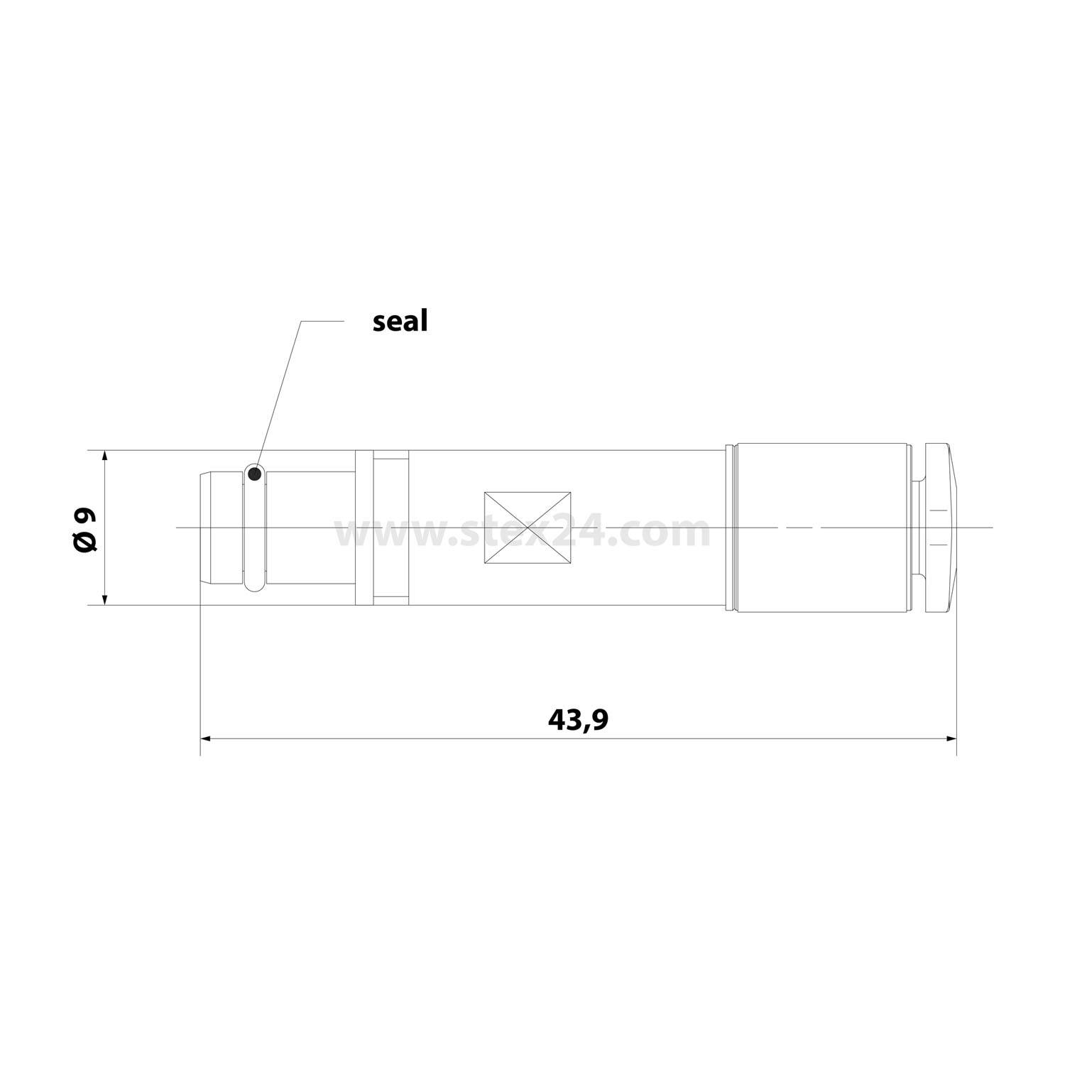 Technische Strichzeichnung eines Zylinderbauteils mit Dichtungsbezeichnung, die einen Durchmesser von 9 mm und eine Länge von 43,9 mm zeigt.