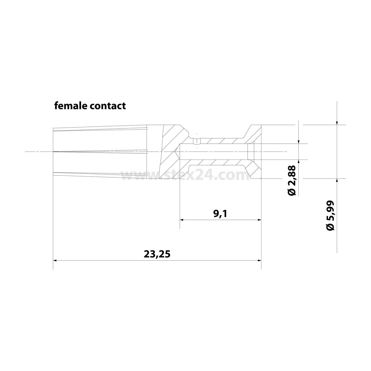 Technisches Querschnittsdiagramm eines weiblichen Steckkontakts mit den Abmessungen 23,25; 9,1; Ø2,88; und Ø5,99.
