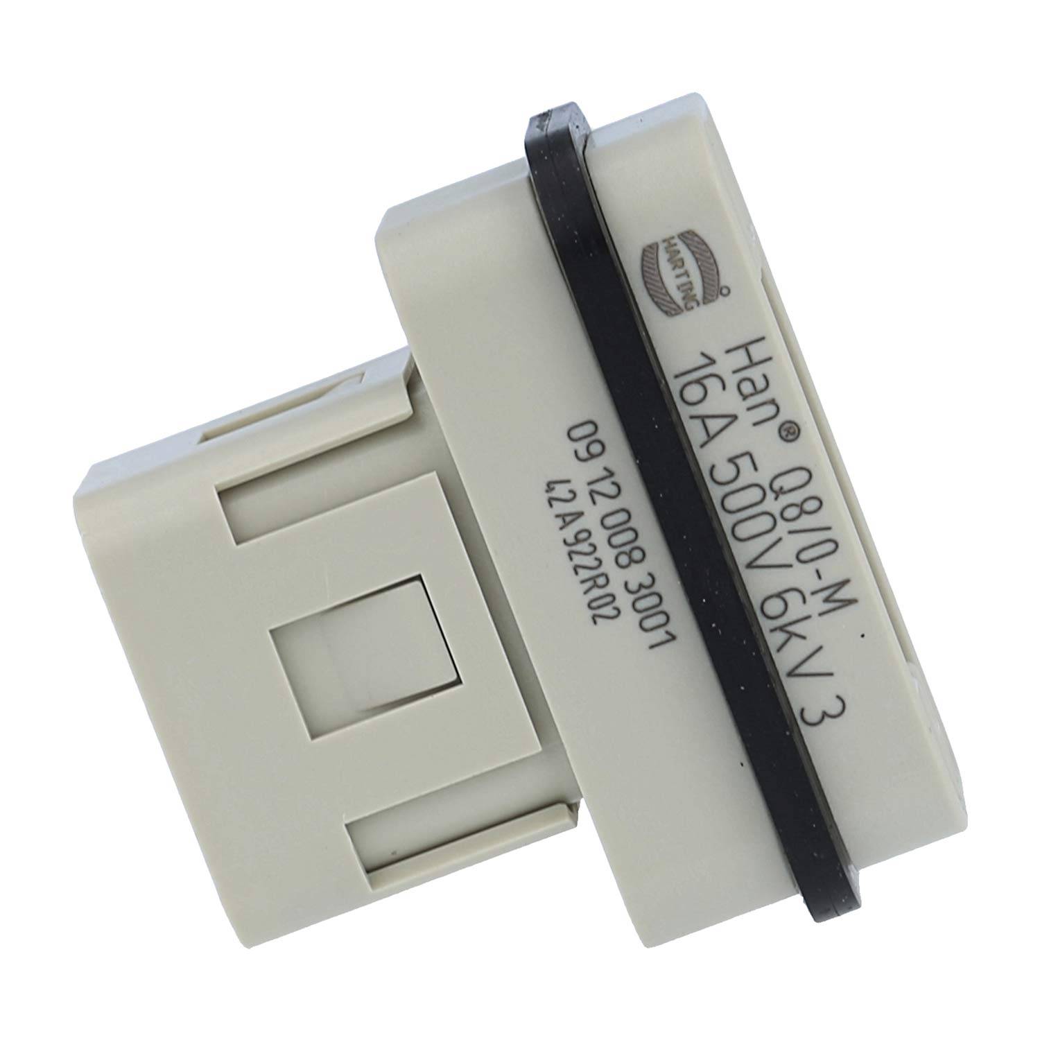 Weißes elektrisches Relais oder Schützer-Komponente mit der Bezeichnung 'Han 0810-M 16A 500V 3', gesichert durch ein schwarzes Band auf neutralem Hintergrund.