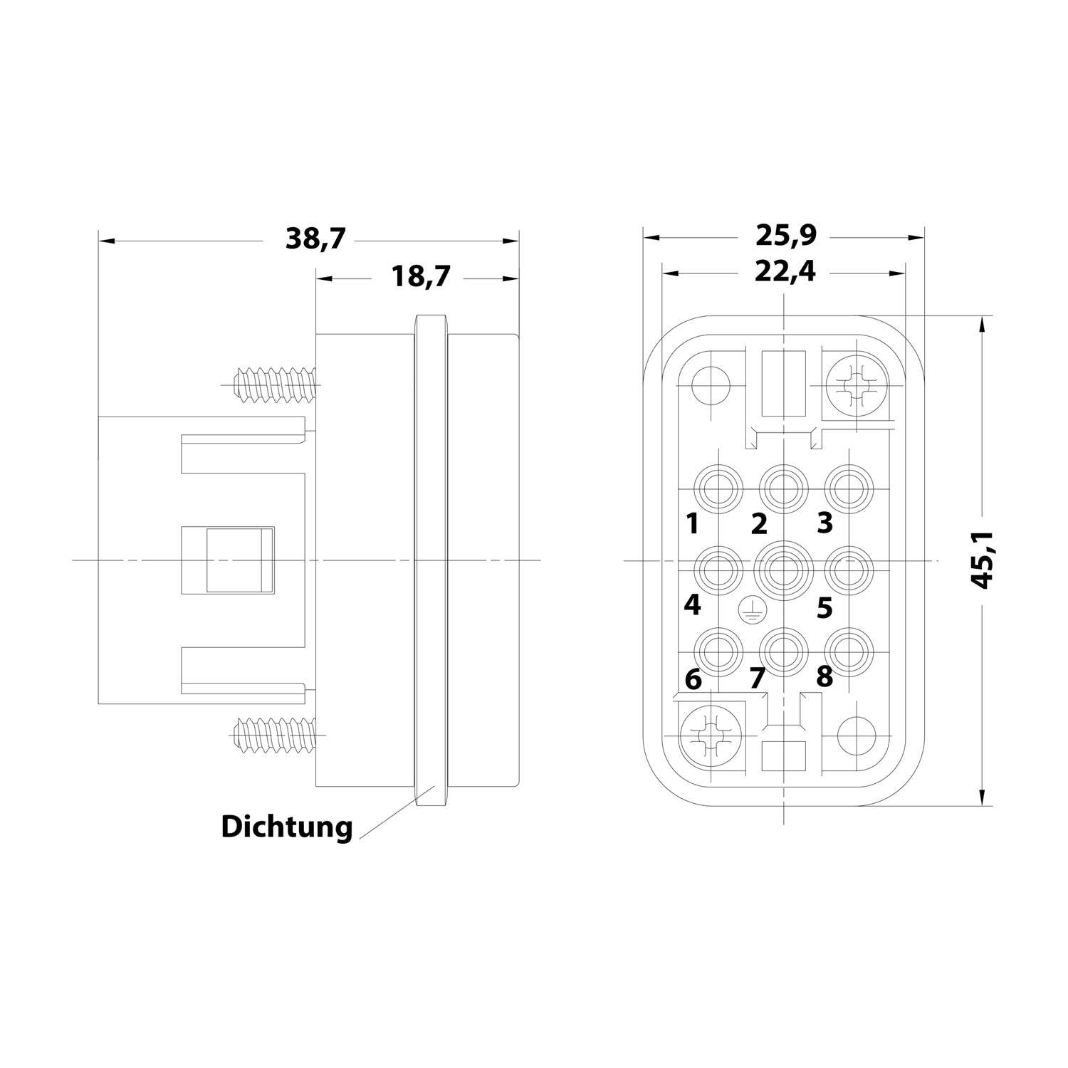 Technische Zeichnung eines Steckers mit Seiten- und Frontansicht, die Abmessungen 38,7, 18,7, 25,9, 22,4 und 45,1 zeigt, sowie 8 nummerierte Kontaktpositionen und die Bezeichnung 