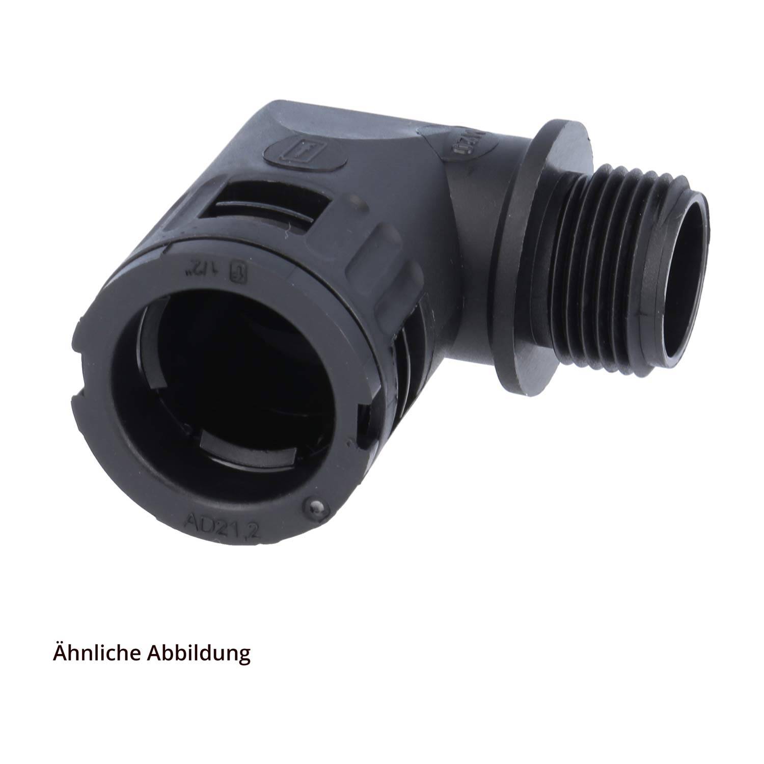 Schwarzer Kunststoff-Winkelkabelstecker mit Gewinde-Steckerseite, auf weißem Hintergrund dargestellt.