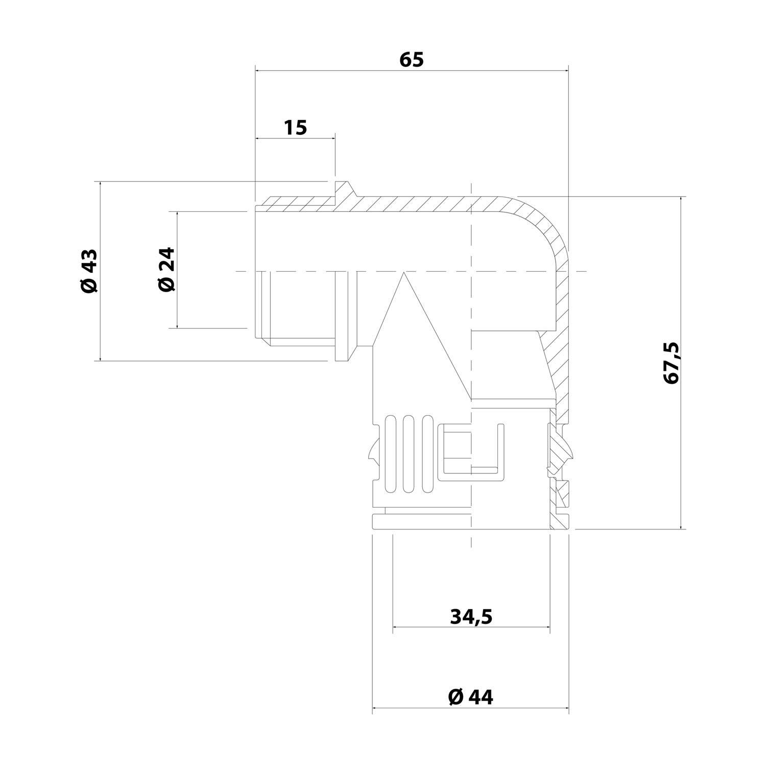 Technische Querschnittszeichnung einer L-förmigen Bogenfitting mit beschrifteten Abmessungen 65, 67,5, 34,5, Ø44, Ø43, Ø24 und 15.