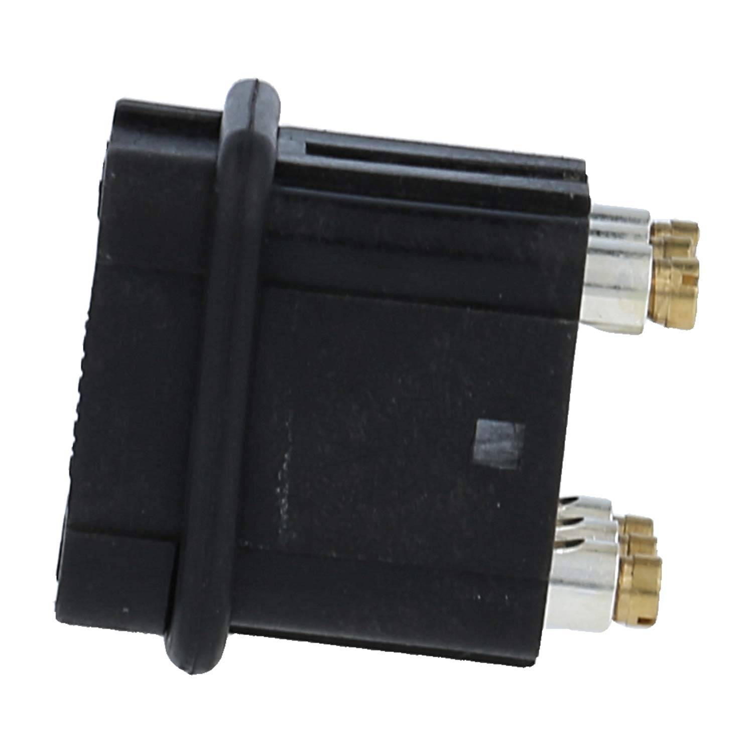 Schwarzer Elektrostecker-Adapter mit zwei Metallsteckern auf weißem Hintergrund.
