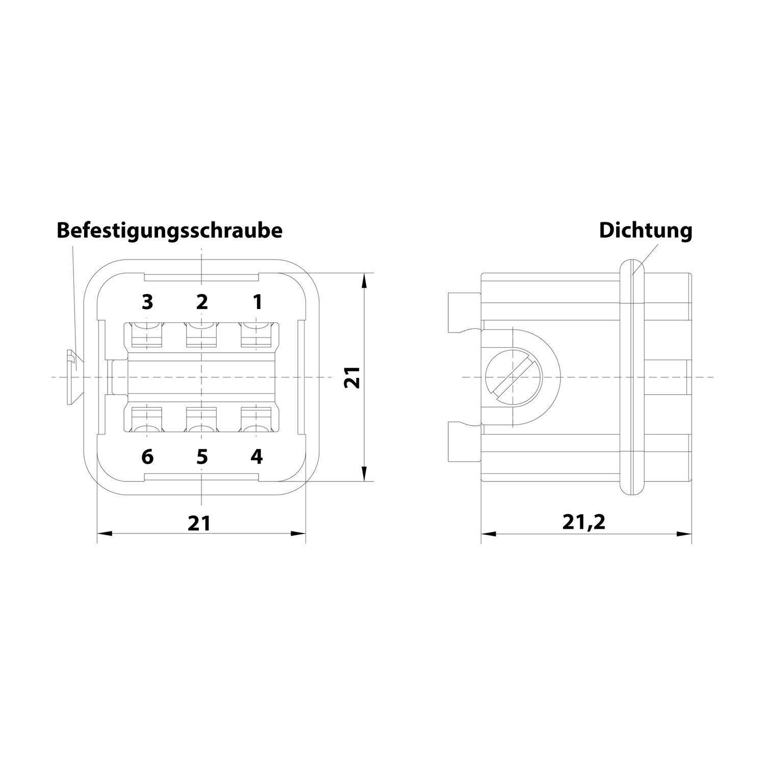 Technische Zeichnung eines quadratischen Steckers, zeigt Vorder- und Seitenansicht mit Abmessungen 21 x 21 und 21,2; Beschriftungen „Befestigungsschraube