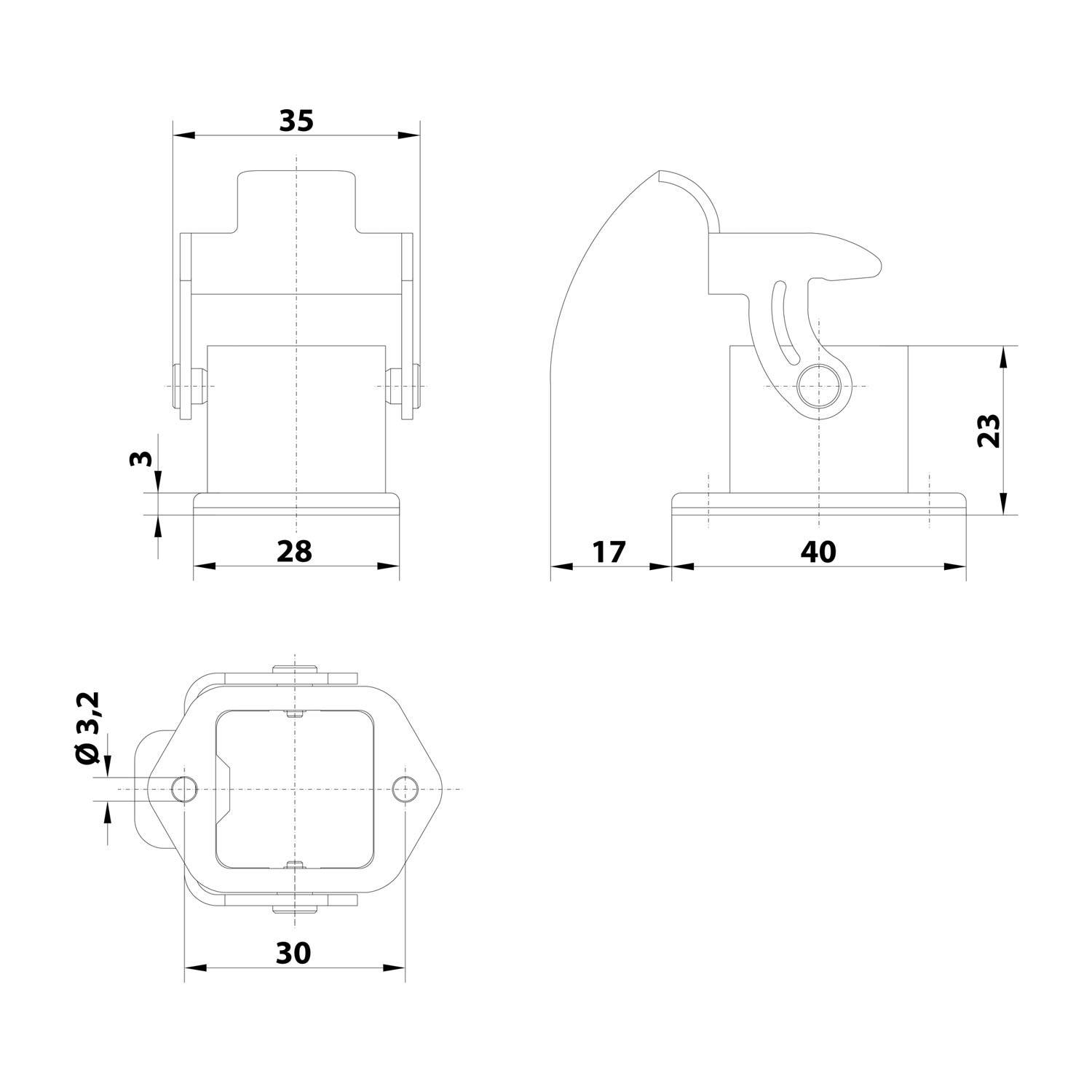 Technische Maßstabzeichnung einer kleinen mechanischen Verriegelung oder Klemme, dargestellt in Front-, Seiten- und Draufsicht mit beschrifteten Maßen 35, 28, 40, 30, 23, 17, 3 und Durchmesser 3,2.