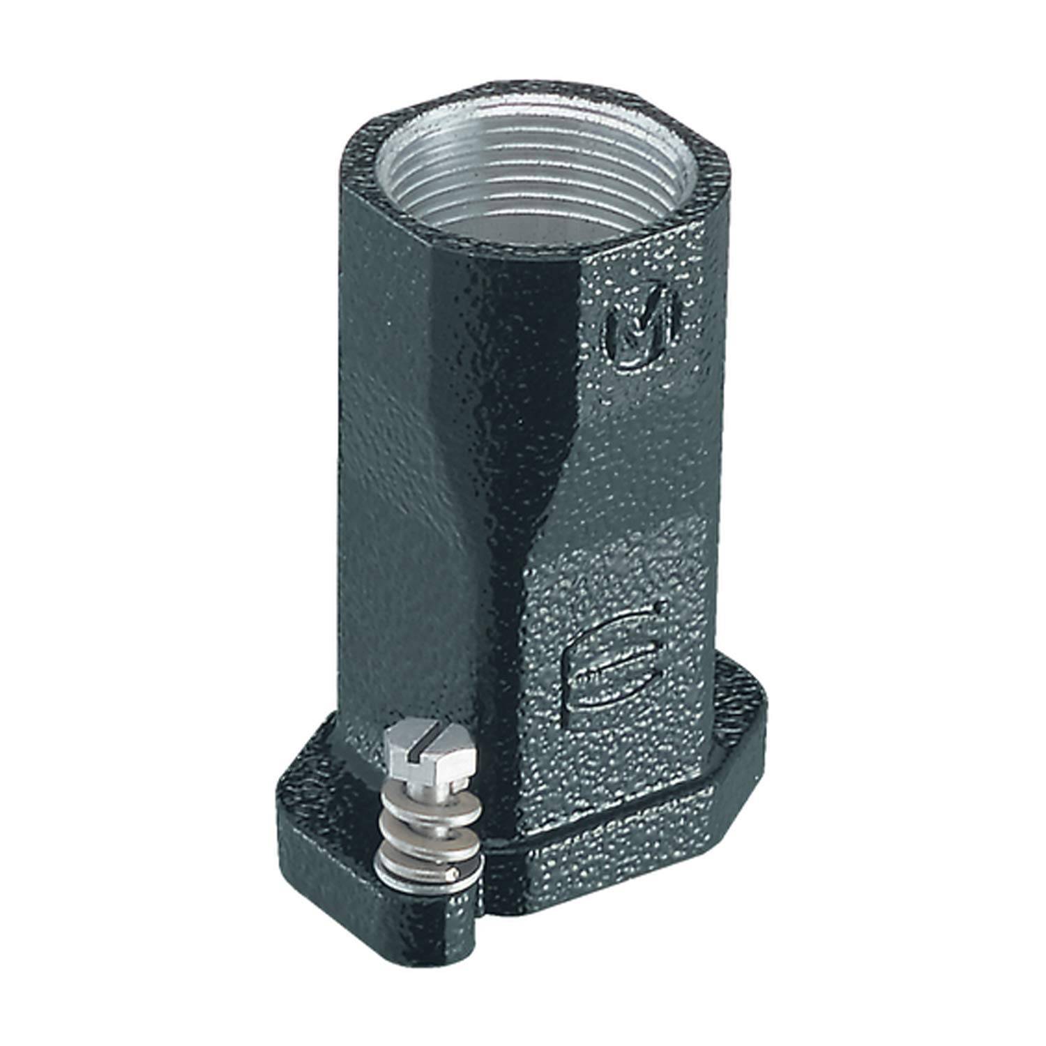 Schwarzer Metall-Zylindrohrverbinder mit Innengewinde und einer kleinen Stellschraube auf sechskantiger Basis, isoliert auf weißem Hintergrund