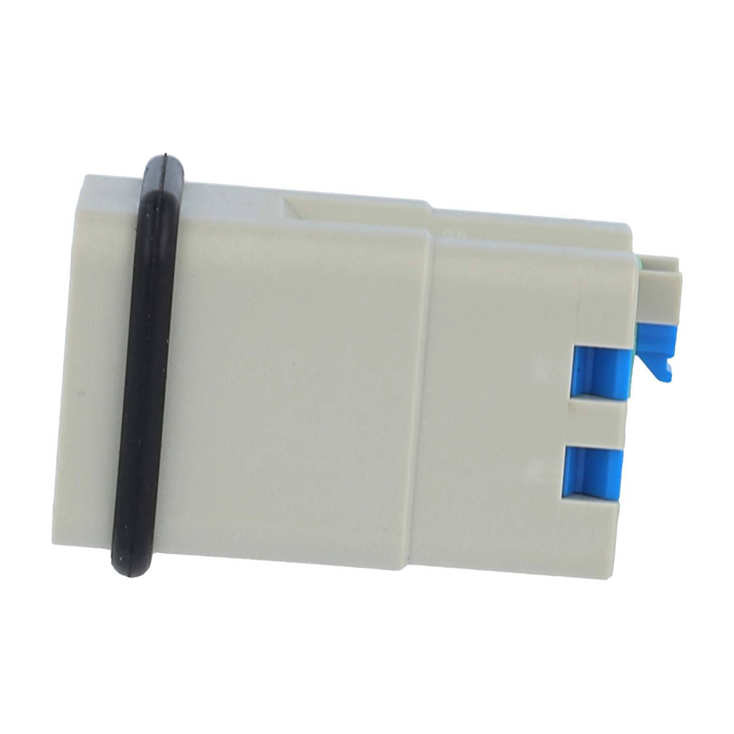 Weißer Kunststoff-Elektrostecker mit schwarzem Dichtungsring und blauen Verriegelungslaschen am Ende.