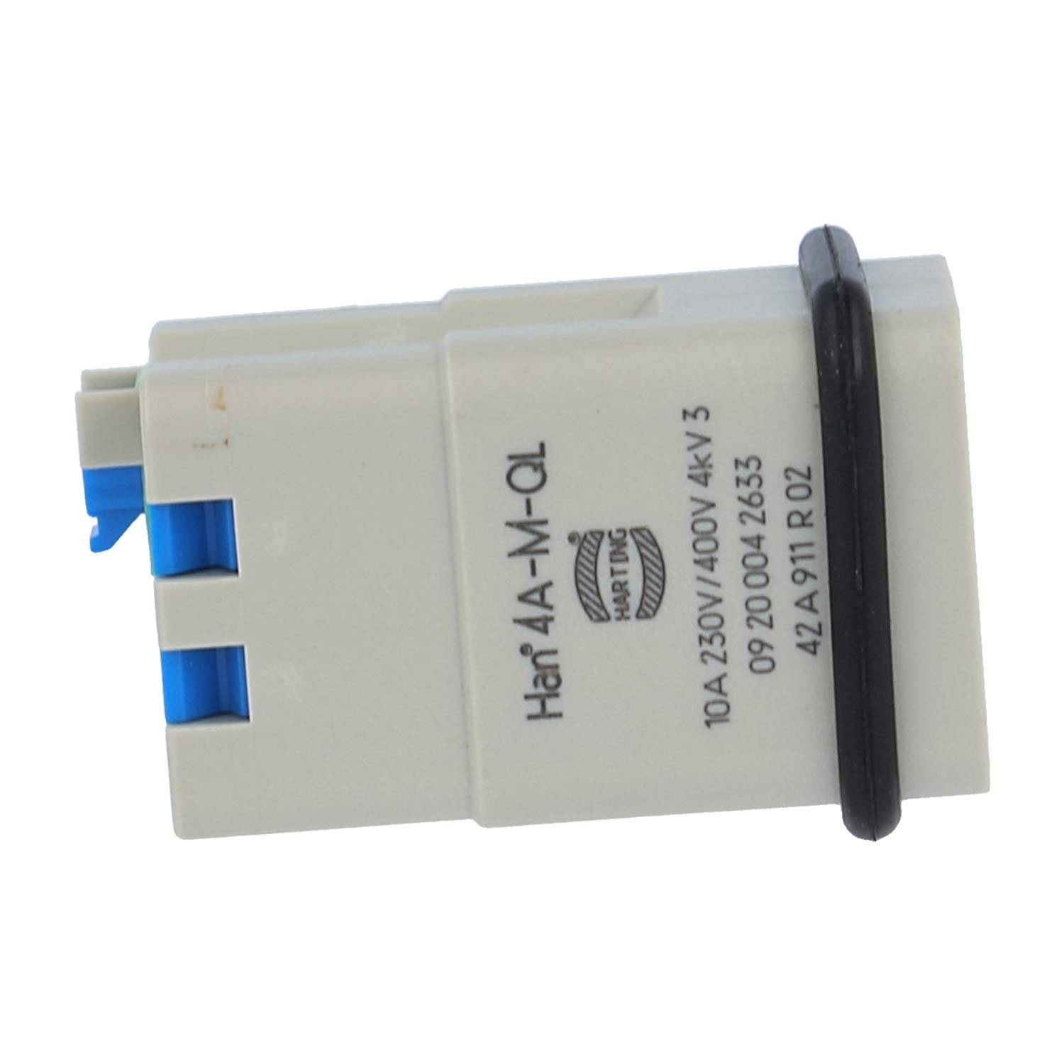 Ein weißes elektrisches Modul mit blauen Anschlüssen und einem schwarzen Halteriemen, gekennzeichnet mit „Hàn 4A-M-QL