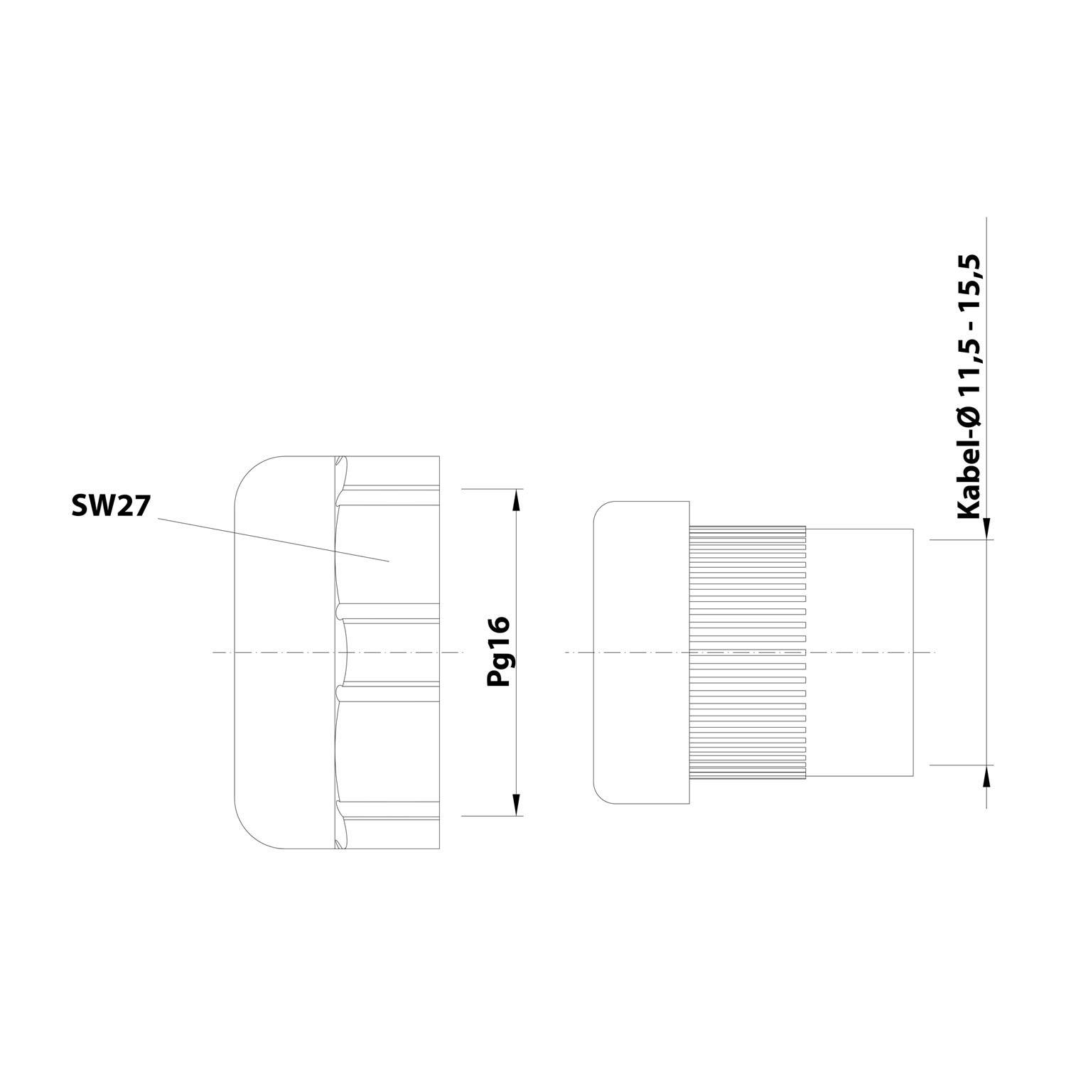 Technische Zeichnung eines Verbinders/einer Kappe mit beschrifteten Abmessungen SW27, Pg16 und Kabel-Ø 11,5-15,5.