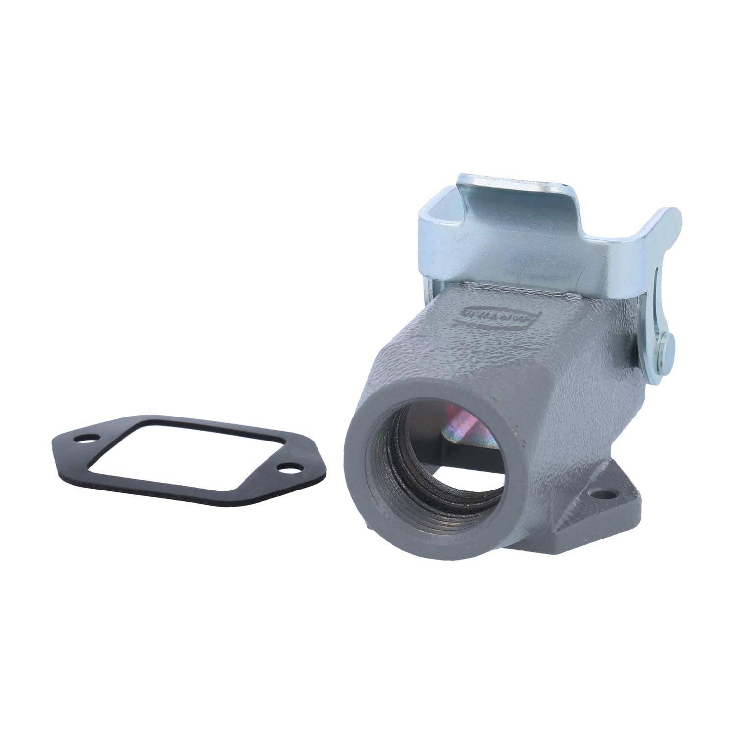 Graues Industriestecker-Gehäuse mit metallischer Verriegelung und separater schwarzer Dichtung auf weißem Hintergrund.