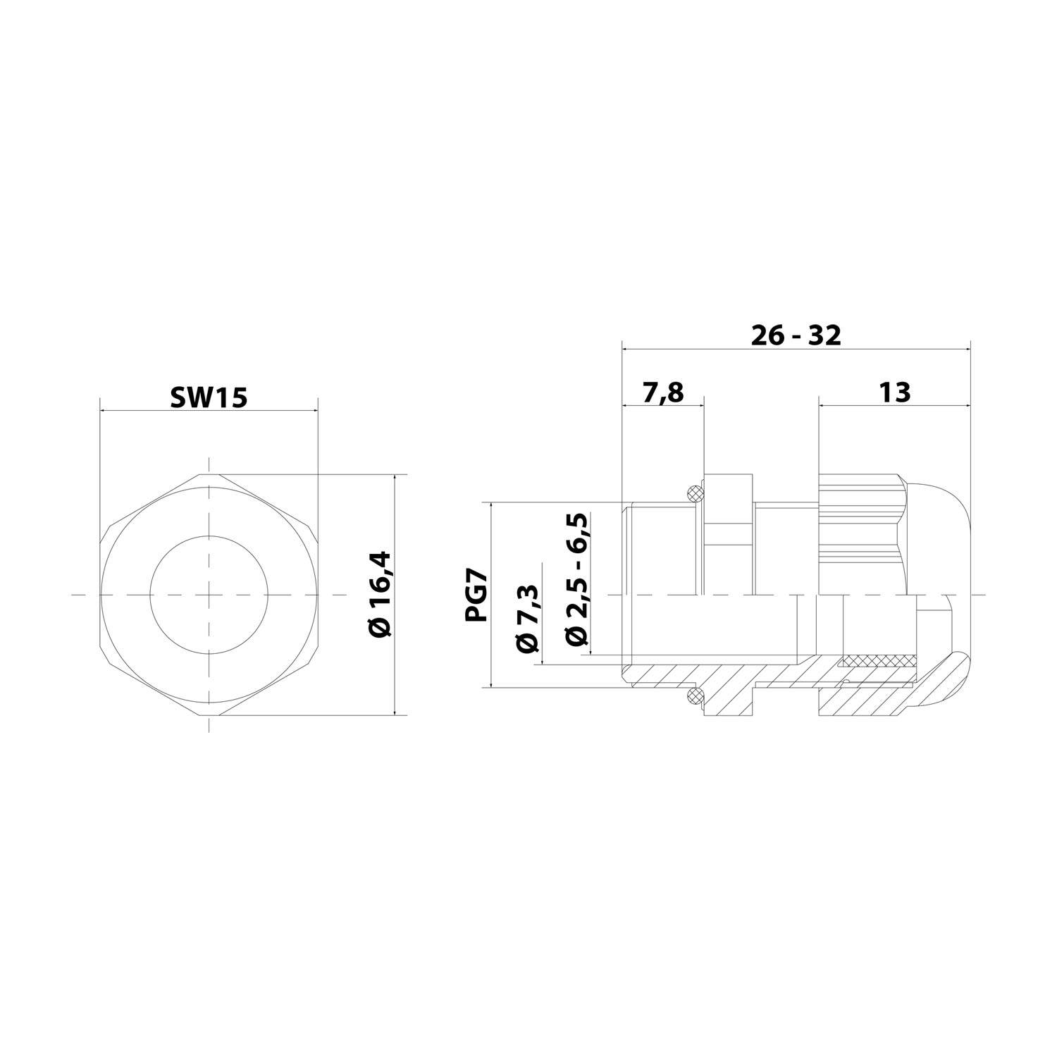 Technische Strichzeichnung einer Sechskantmutter-Verschraubung mit beschrifteten Abmessungen SW15, Ø16,4, PG7, Ø7,3, Ø2,5–6,5, 26–32, 7,8 und 13.
