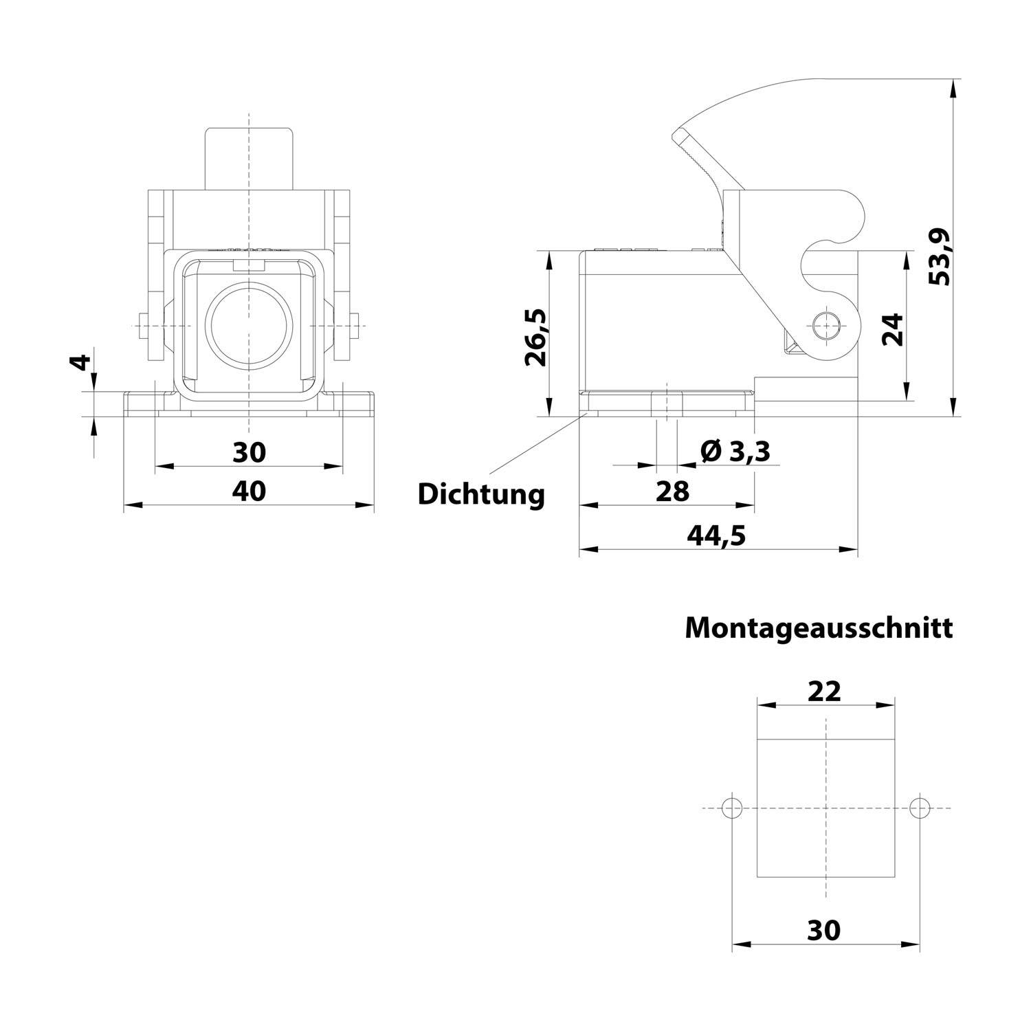 HARTING Han 3A Anbaugehäuse gewinkelt mit 1 Bügel 1 Kunststoff Verriegelungsbügel - 1 Stück